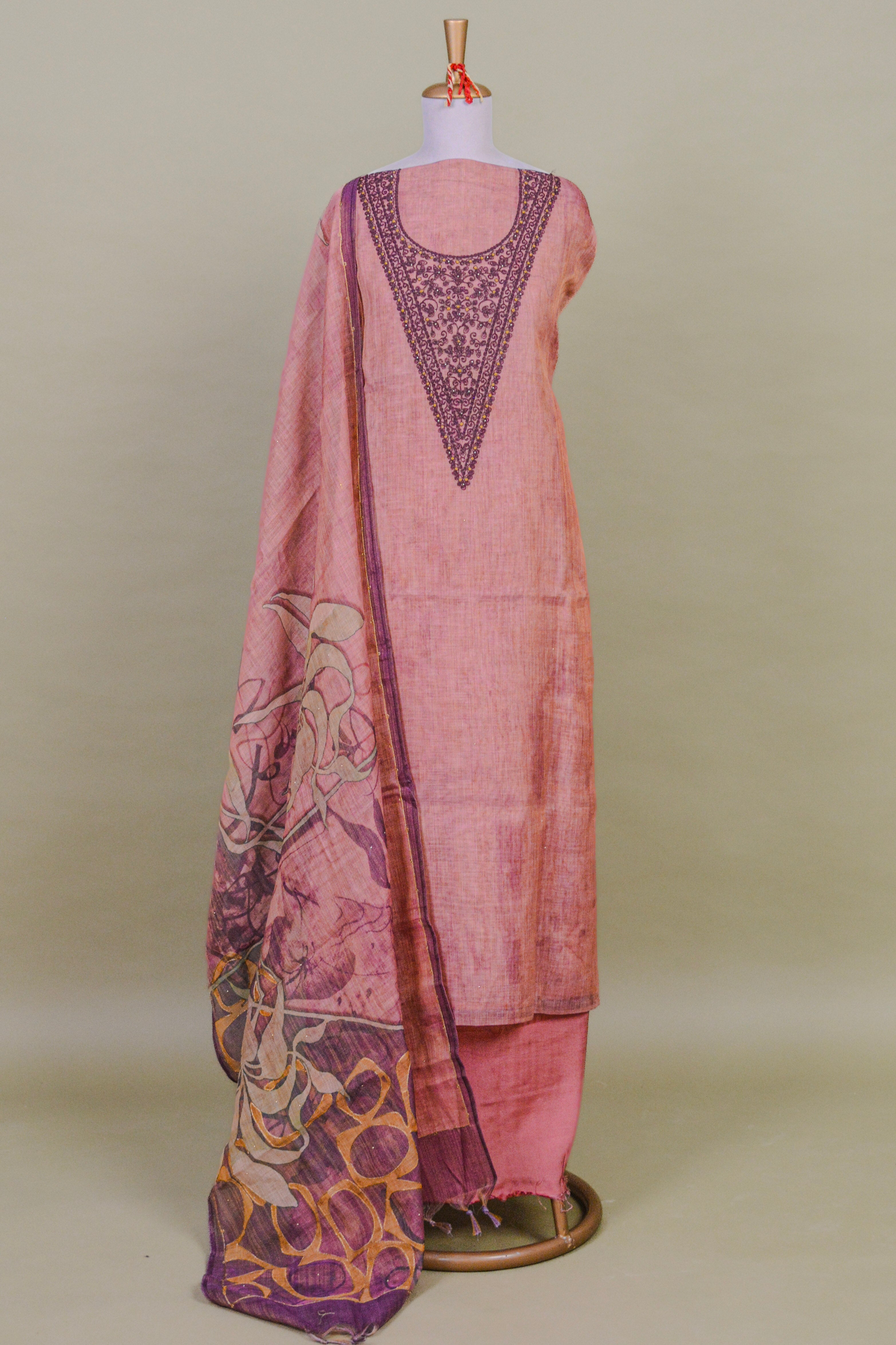 Dusty Rose Linen Cotton Jamdani Suit Set with Dori Work – Unstitched 3-Piece