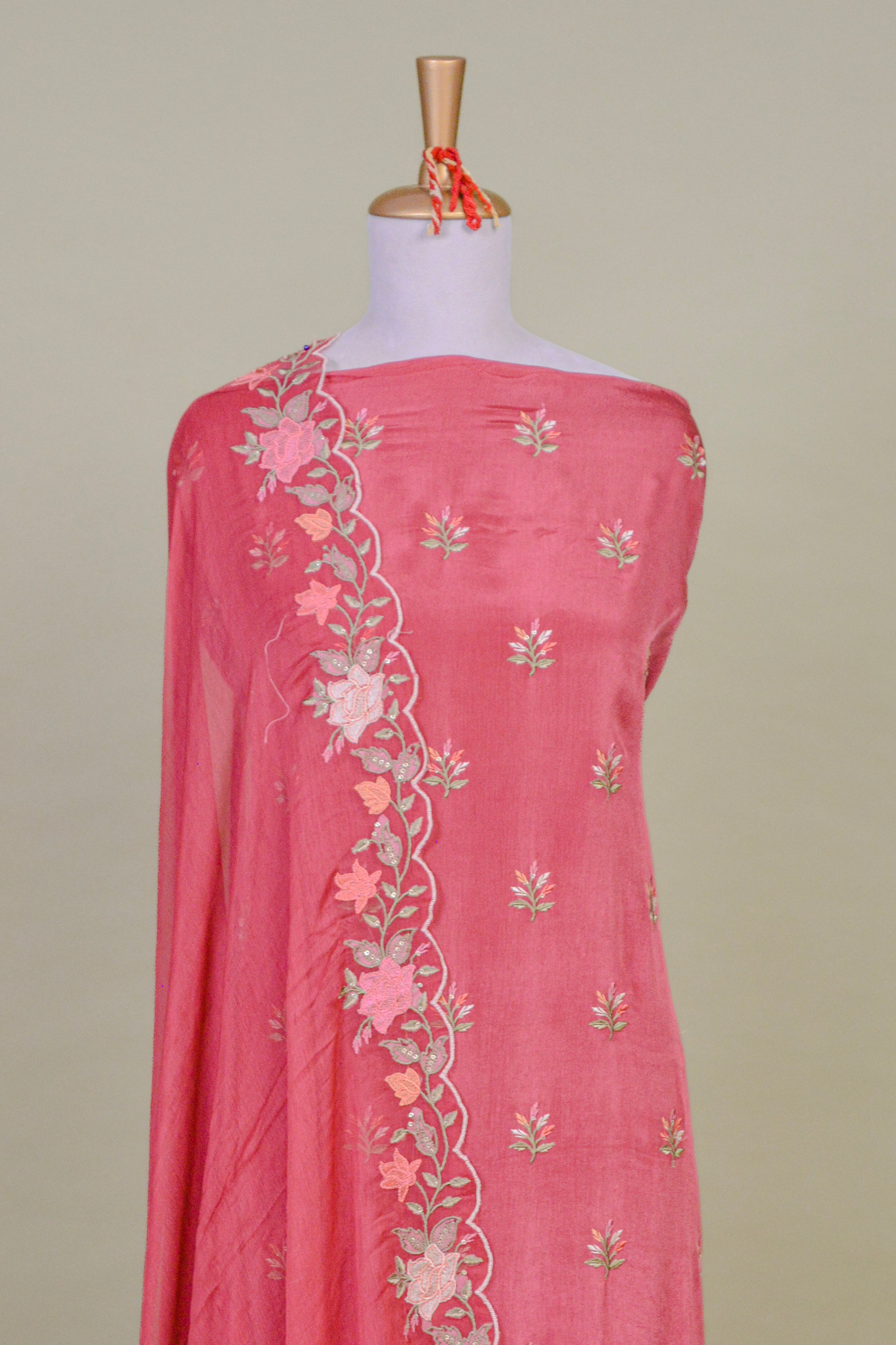Rosewood Pink Chinon Suit Set with Cutwork Resham Embroidery – Unstitched 3-Piece