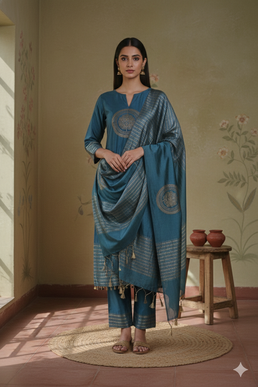 Teal Banana Silk Suit Set with Handloom Zari Weave & Block Print – Unstitched 3-Piece