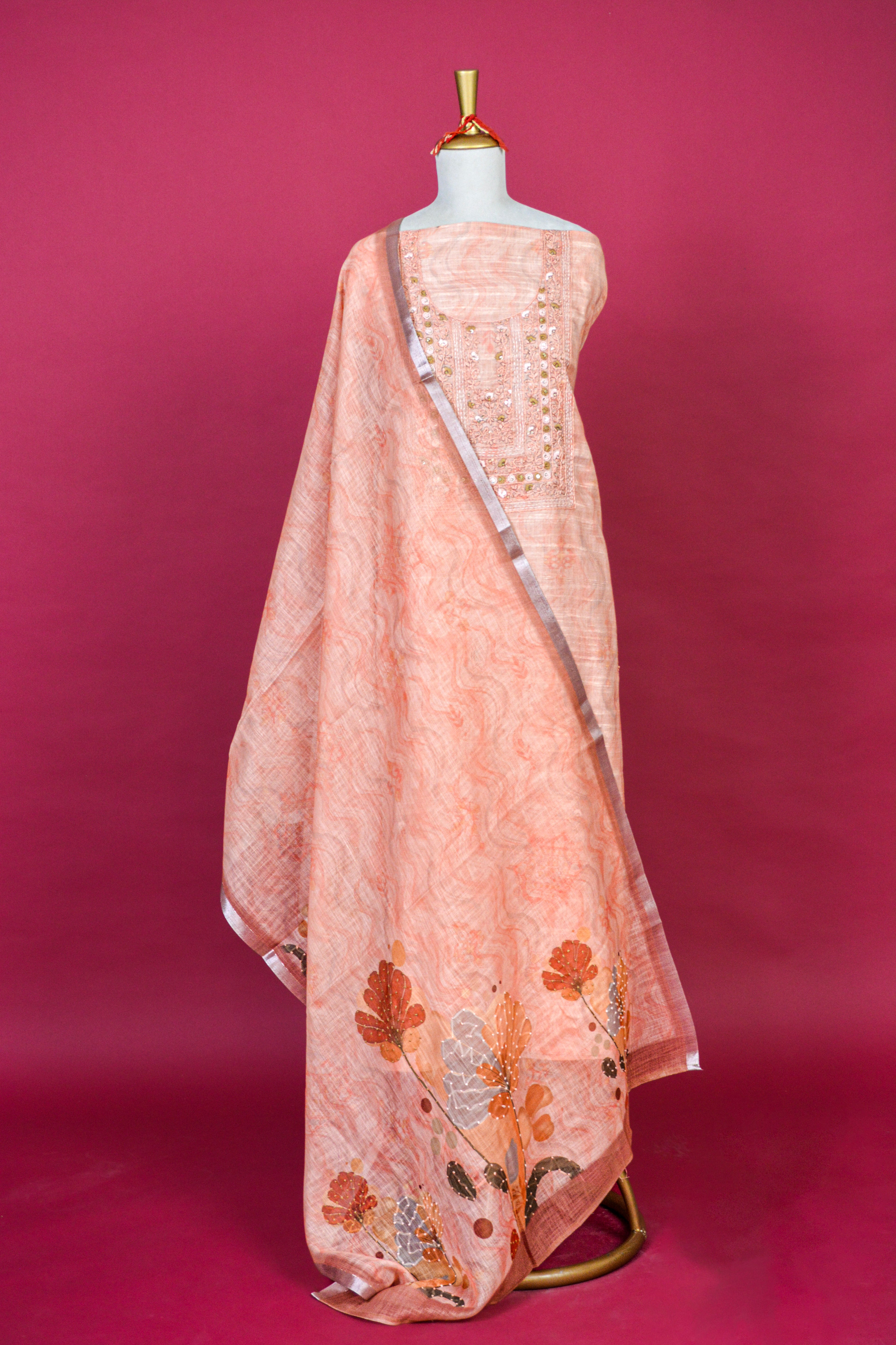 Soft Pink Jamdani Linen French Knot Embroidered Kurta Dupatta Set – 3 piece