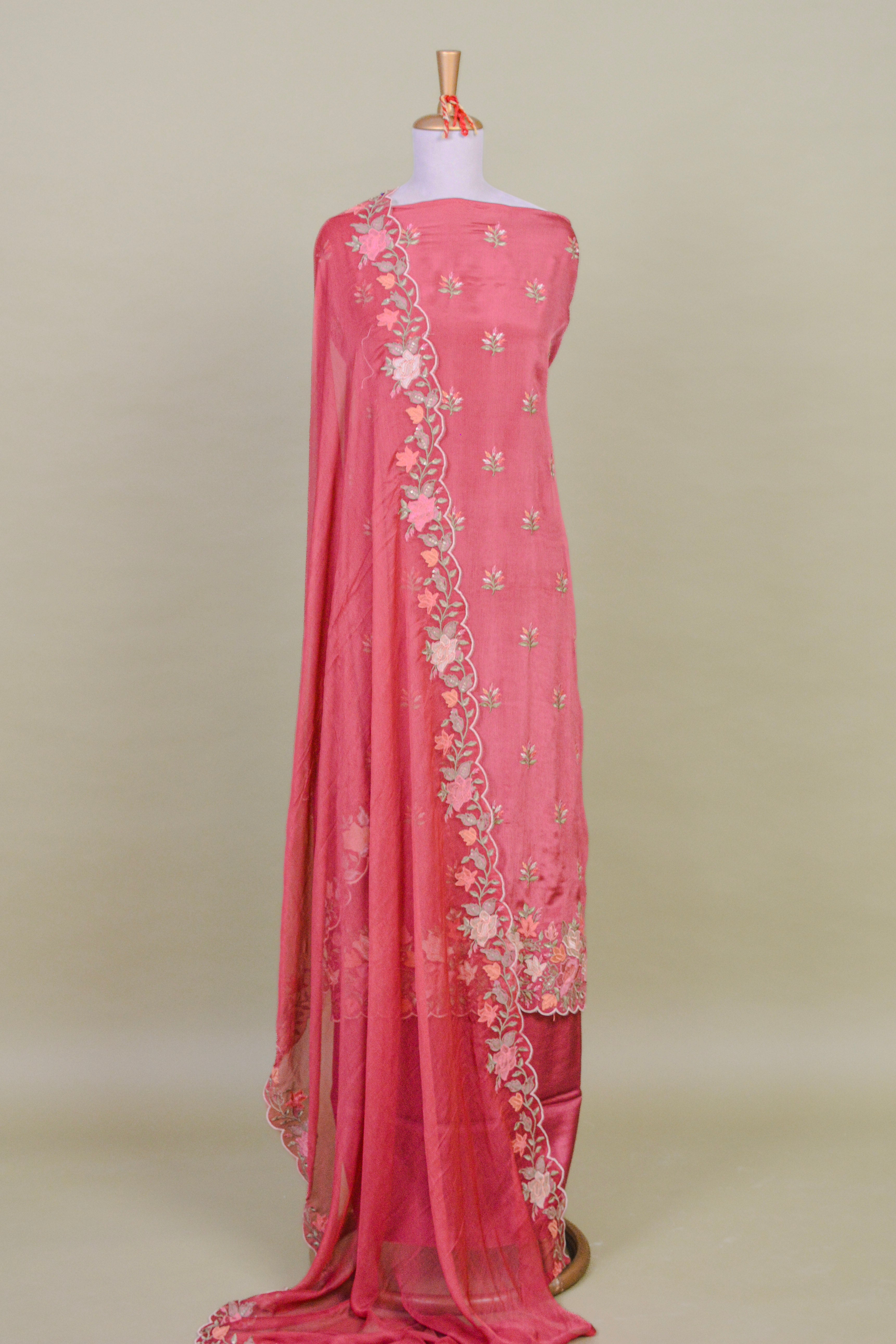 Rosewood Pink Chinon Suit Set with Cutwork Resham Embroidery – Unstitched 3-Piece