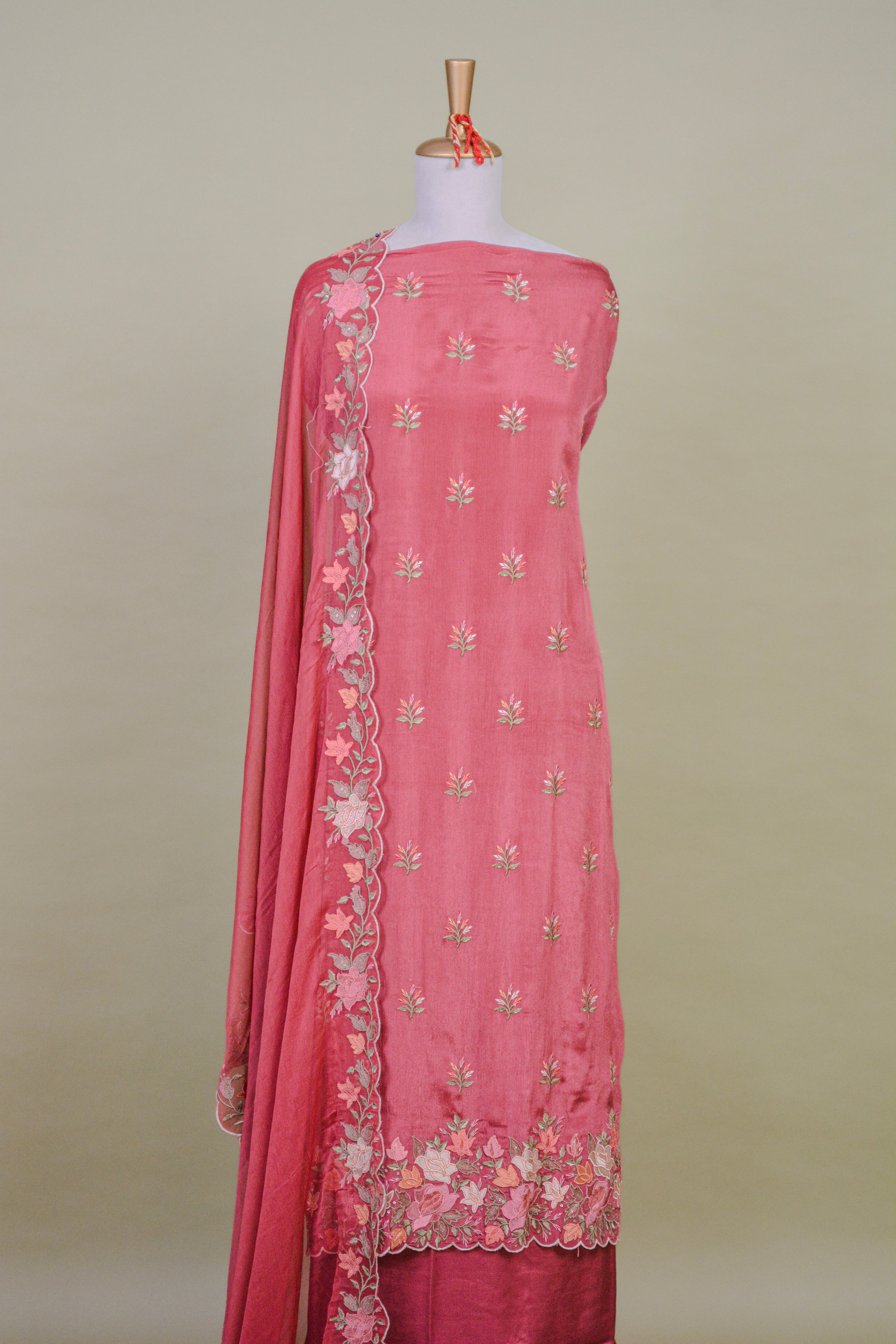 Rosewood Pink Chinon Suit Set with Cutwork Resham Embroidery – Unstitched 3-Piece