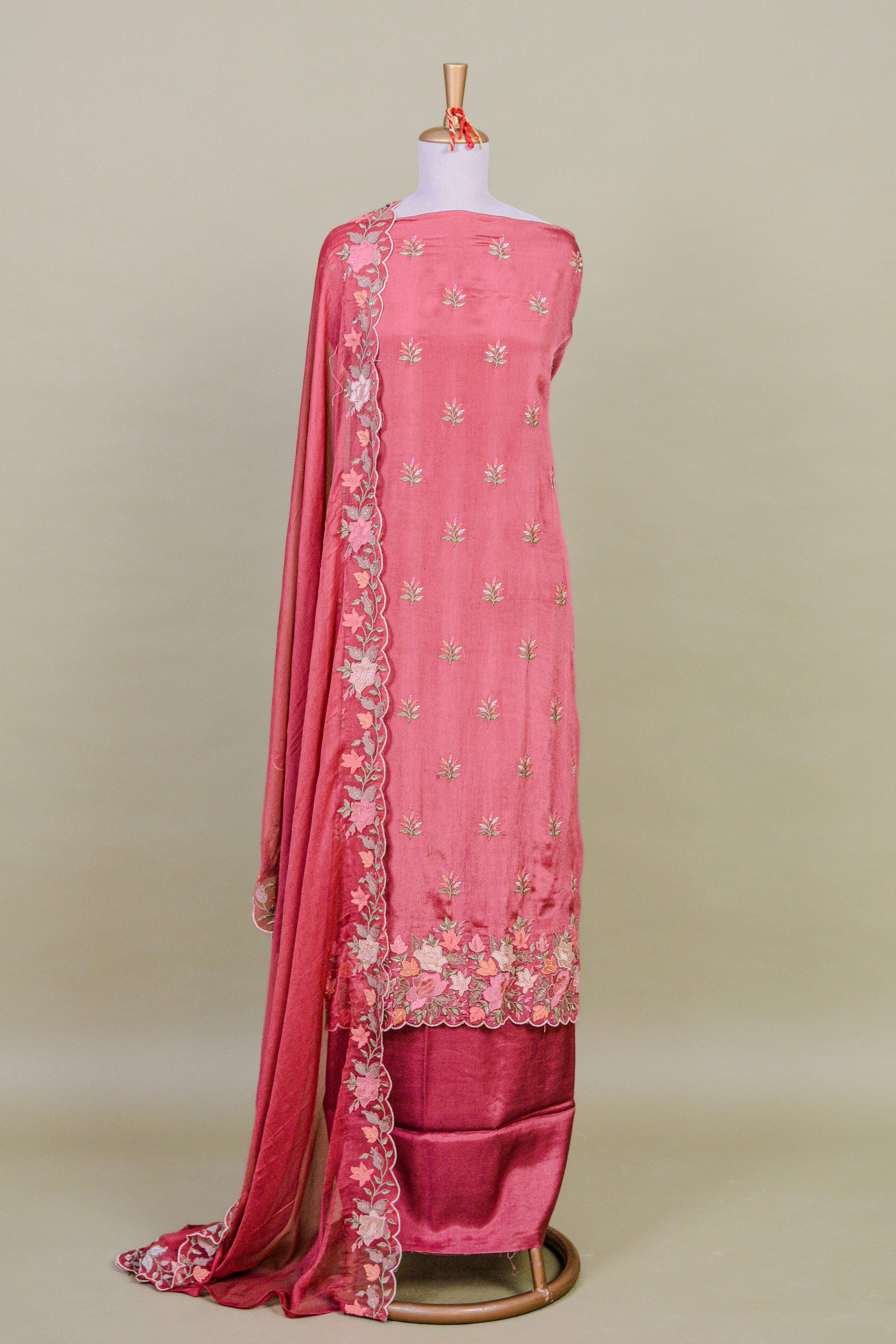 Rosewood Pink Chinon Suit Set with Cutwork Resham Embroidery – Unstitched 3-Piece
