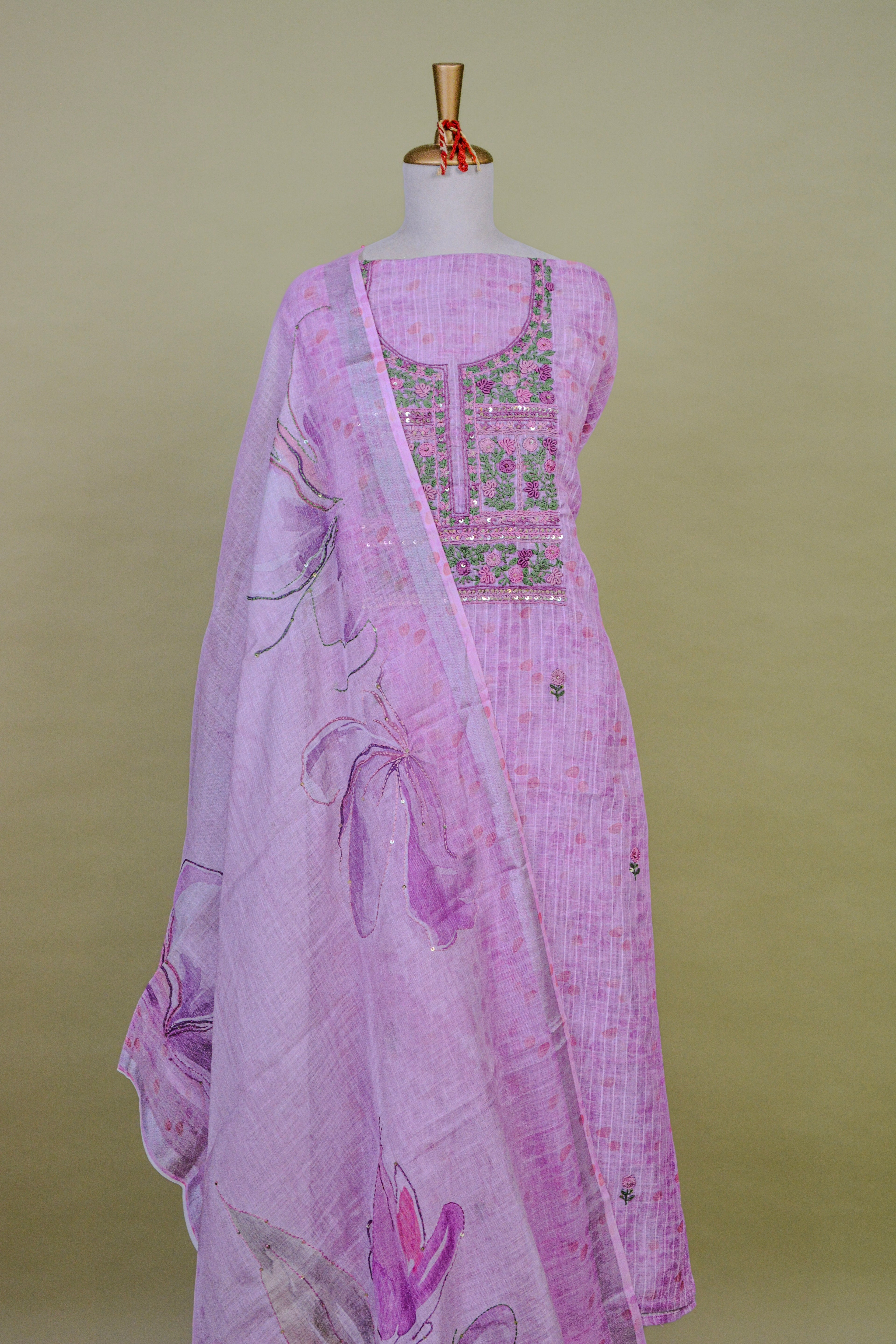 Blush Pink Jamdani Kota Cotton Suit Set with Printed Dupatta & Hand Embroidery – Unstitched 3-Piece