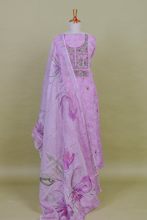 Blush Pink Jamdani Kota Cotton Suit Set with Printed Dupatta & Hand Embroidery – Unstitched 3-Piece