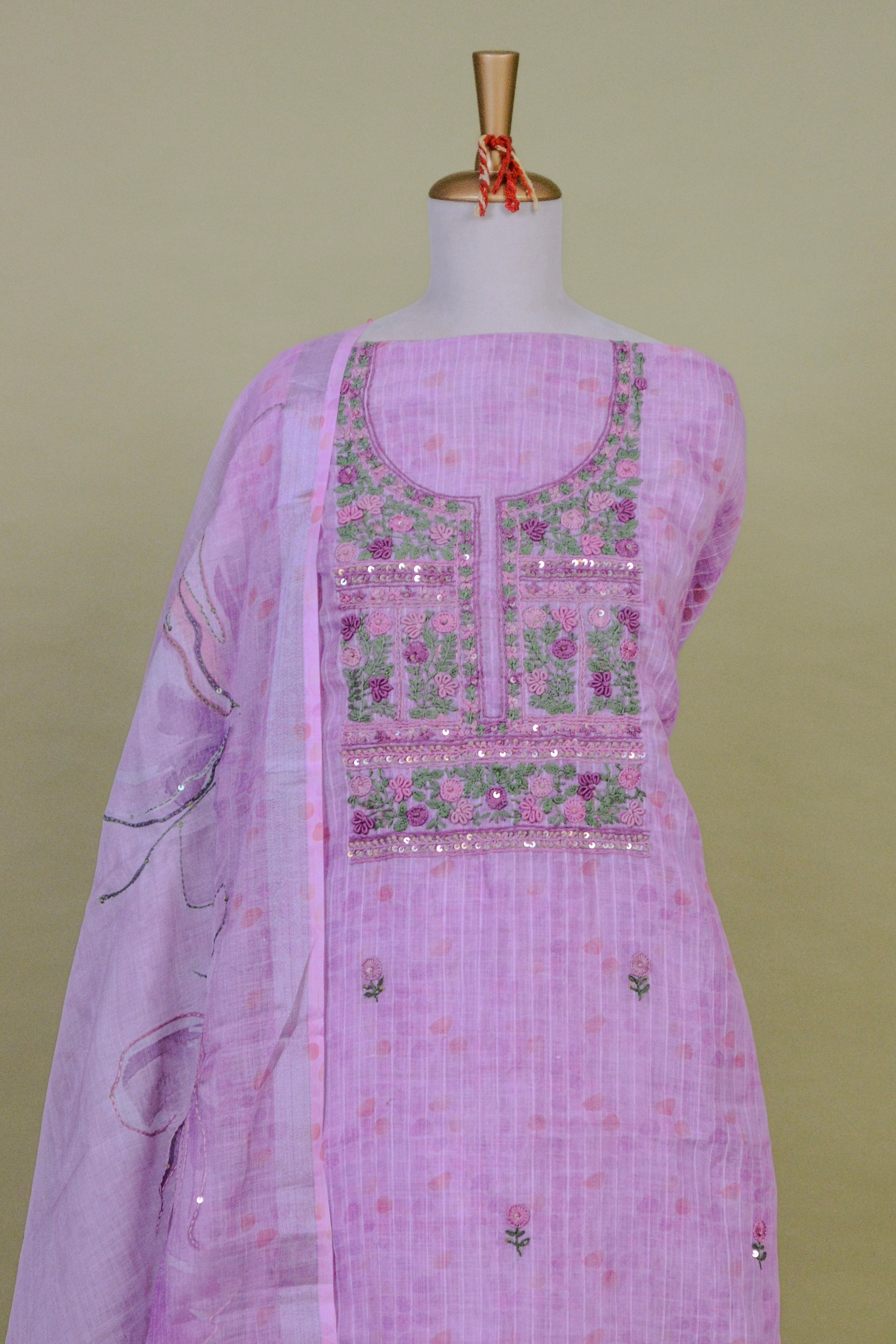 Blush Pink Jamdani Kota Cotton Suit Set with Printed Dupatta & Hand Embroidery – Unstitched 3-Piece