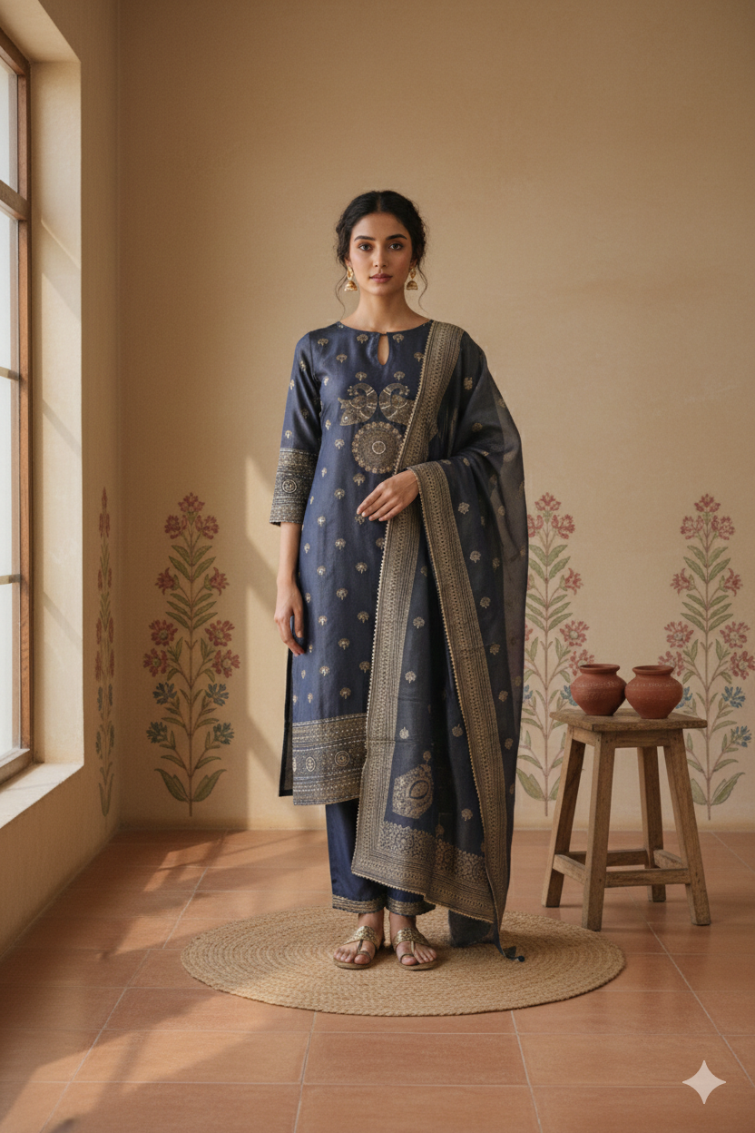 Midnight Blue Shimmer Tissue Suit Set with Hand Embroidery & Block Print – Unstitched 3-Piece