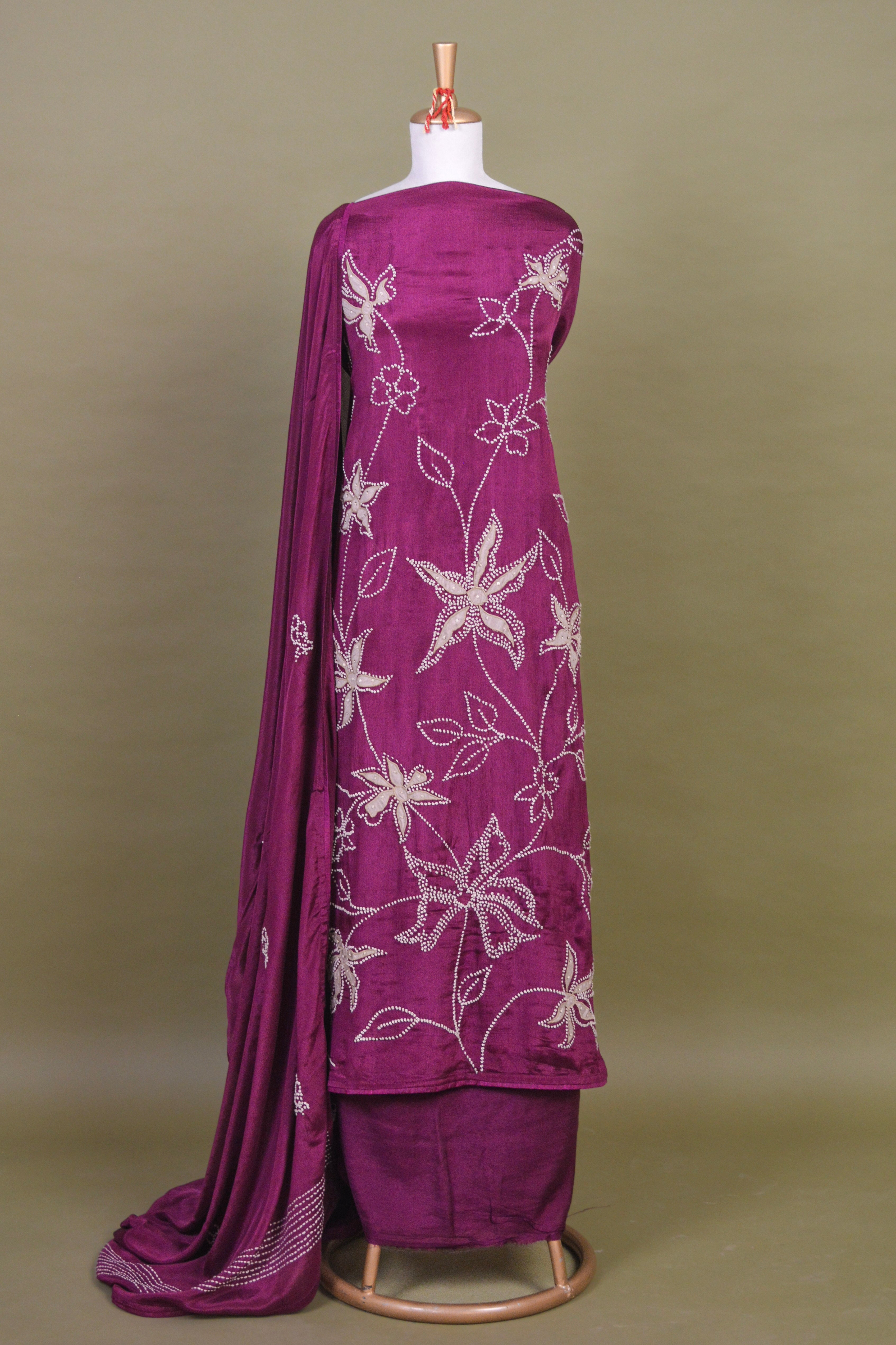 Plum Purple Crepe Suit Set with French Knot Embroidery – Unstitched 3-Piece