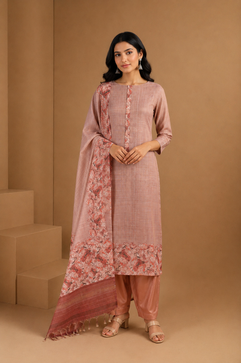 Beige Copper Digital Printed Unstitched Suit Set in Tissue Kota