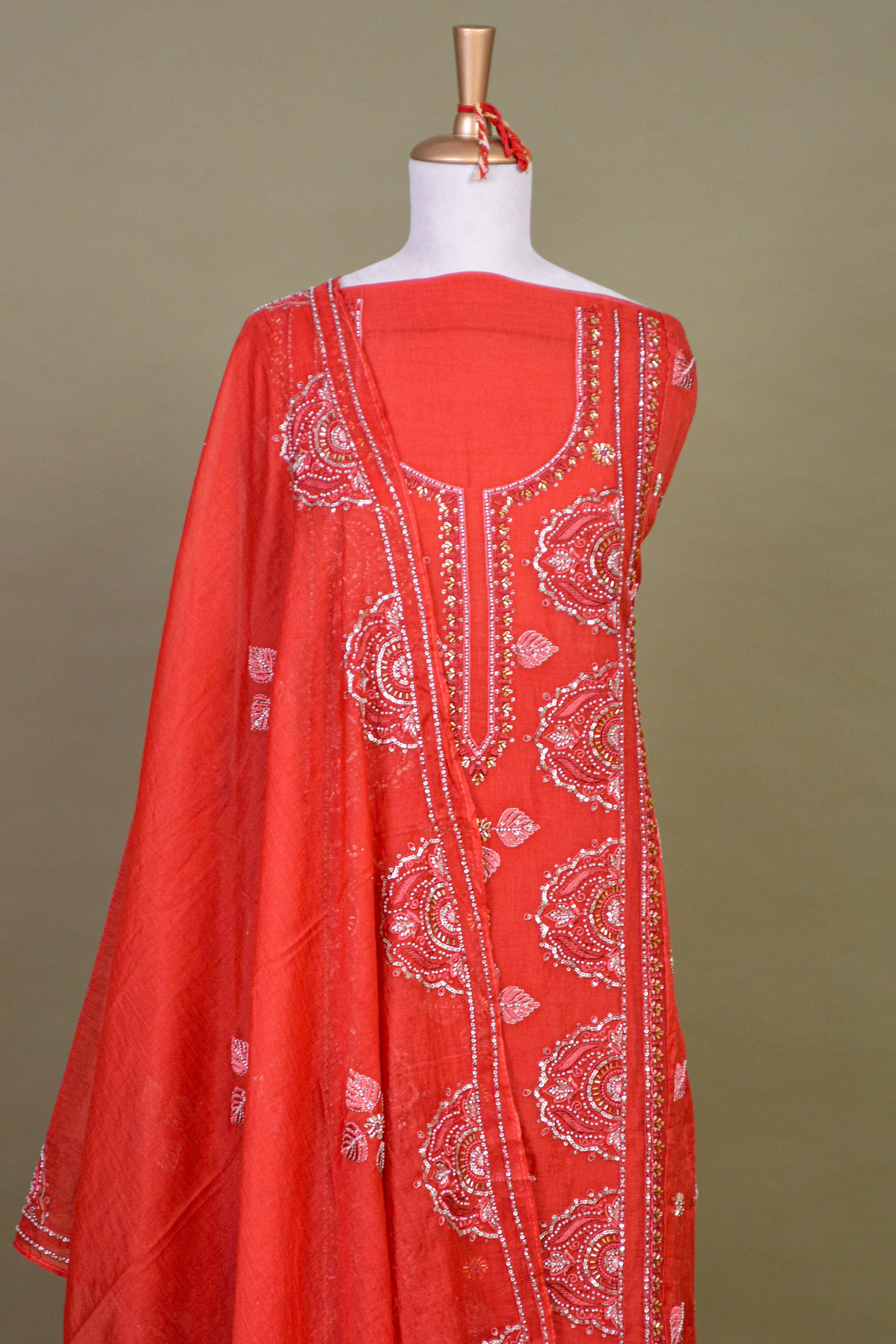 Coral Orange Chanderi Hand Embroidered Suit Set with Mul Mul Dupatta – Unstitched 3-Piece