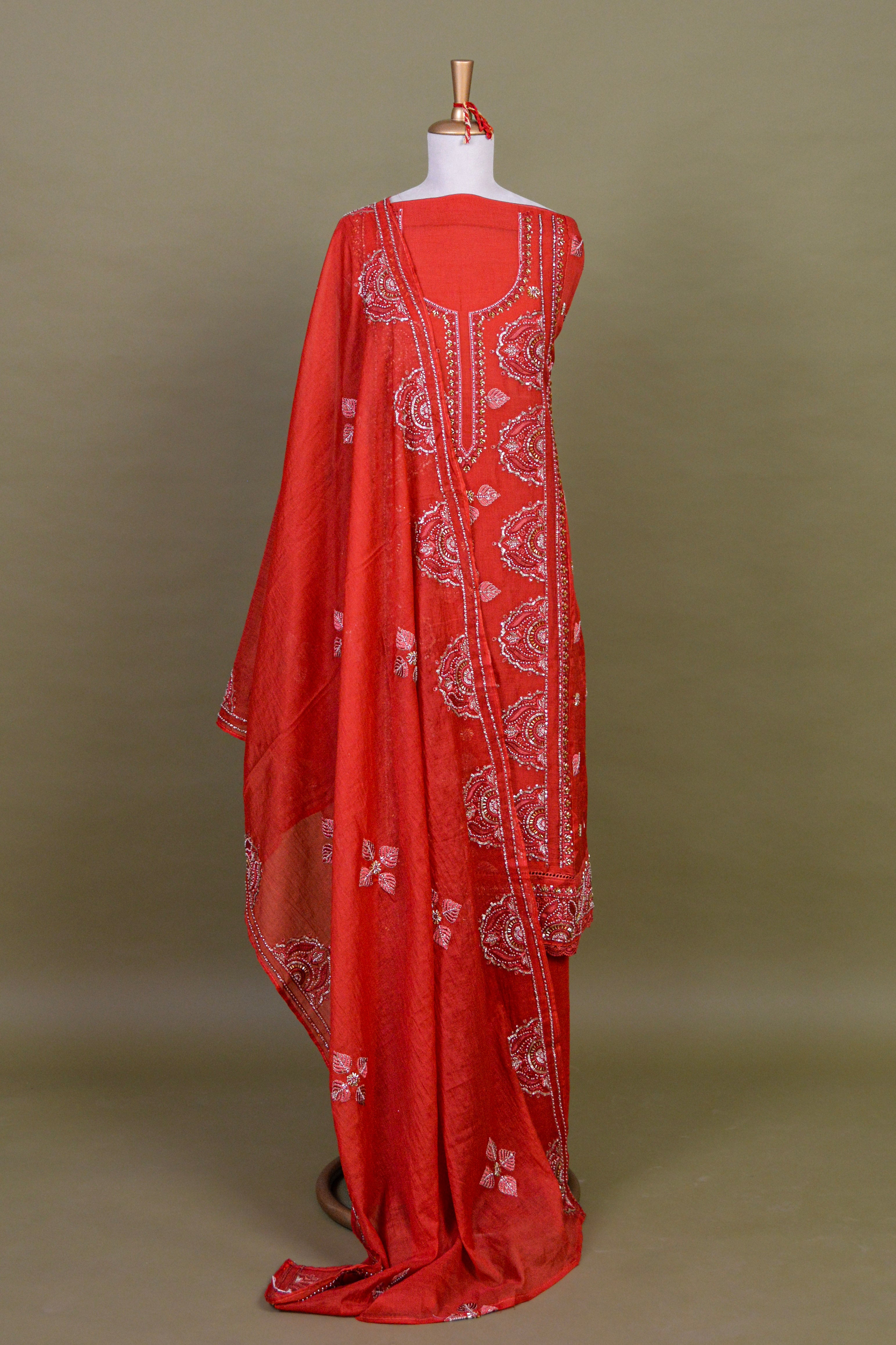 Coral Orange Chanderi Hand Embroidered Suit Set with Mul Mul Dupatta – Unstitched 3-Piece