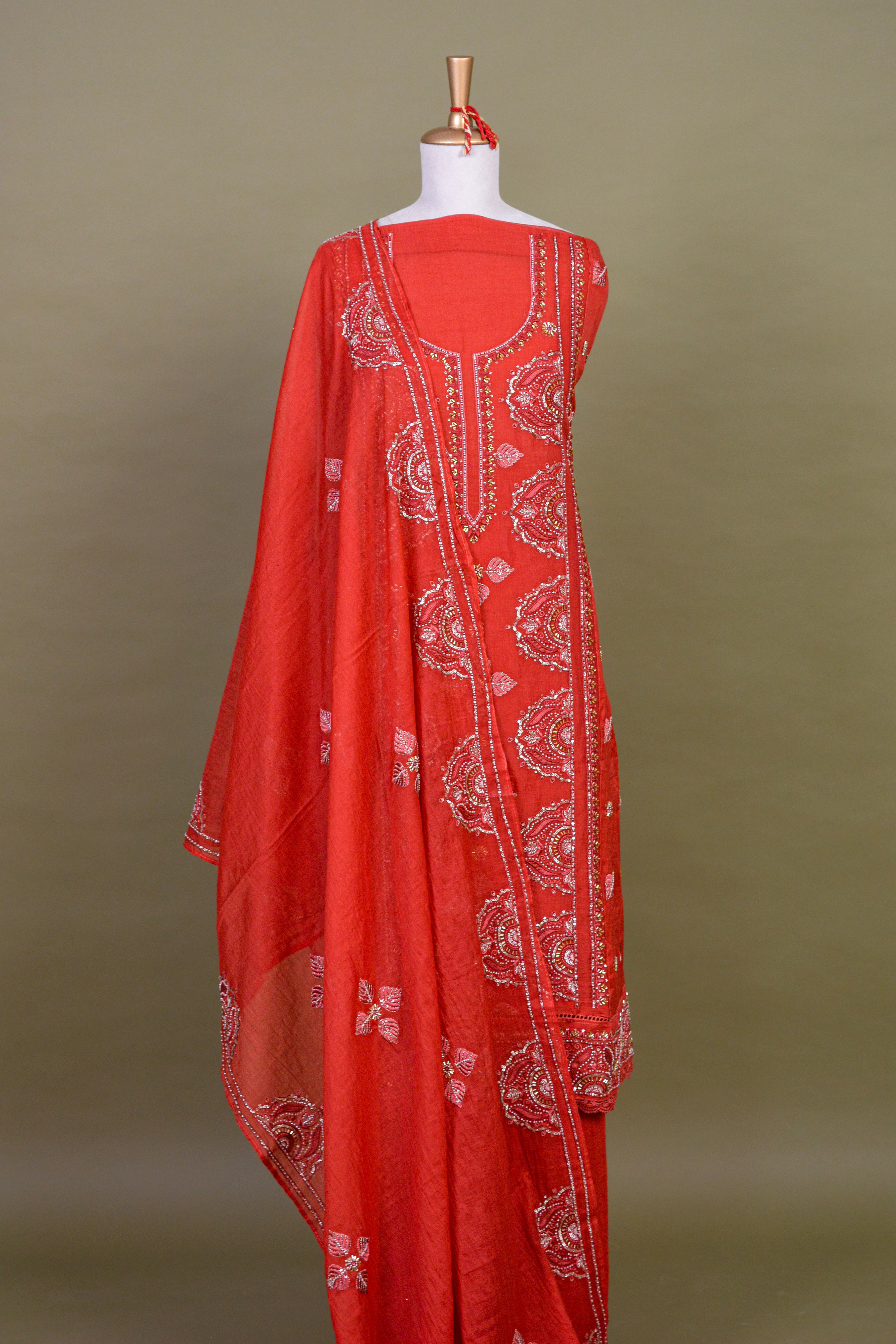 Coral Orange Chanderi Hand Embroidered Suit Set with Mul Mul Dupatta – Unstitched 3-Piece
