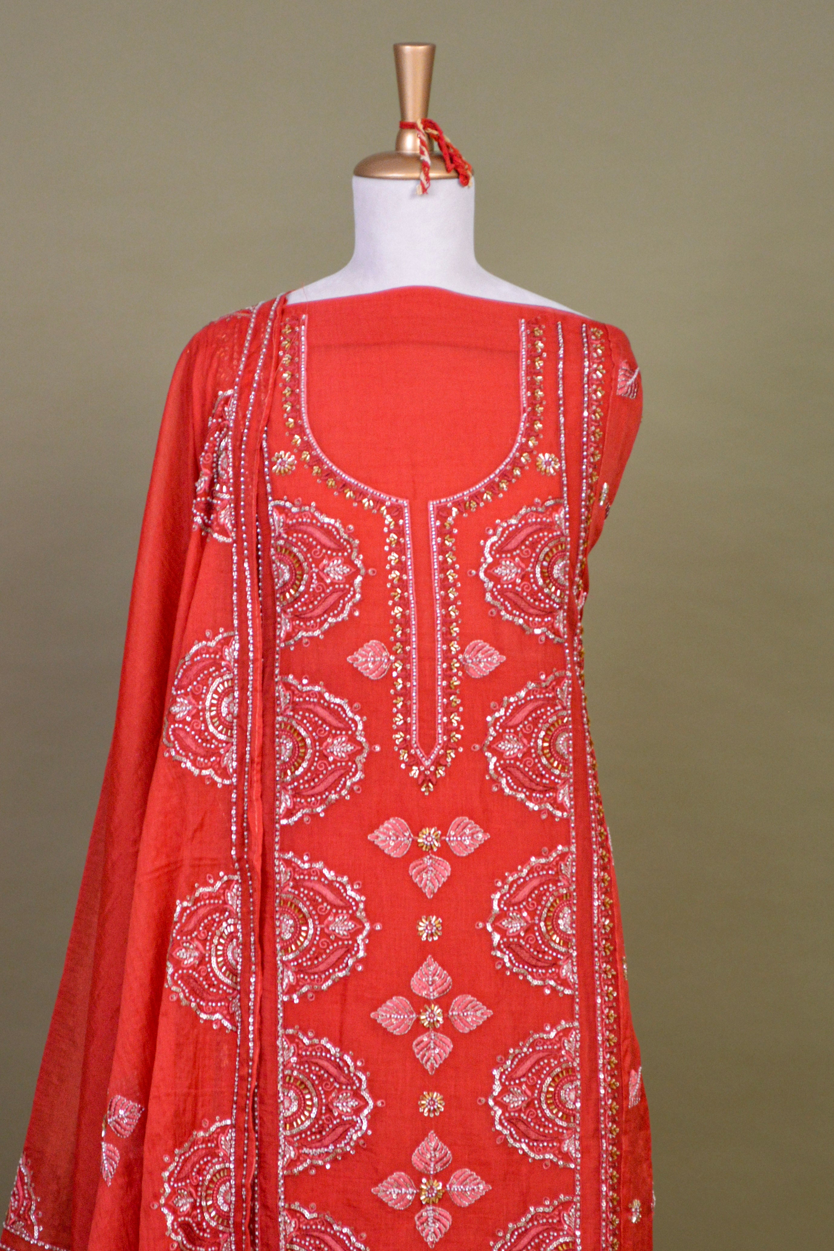 Coral Orange Chanderi Hand Embroidered Suit Set with Mul Mul Dupatta – Unstitched 3-Piece
