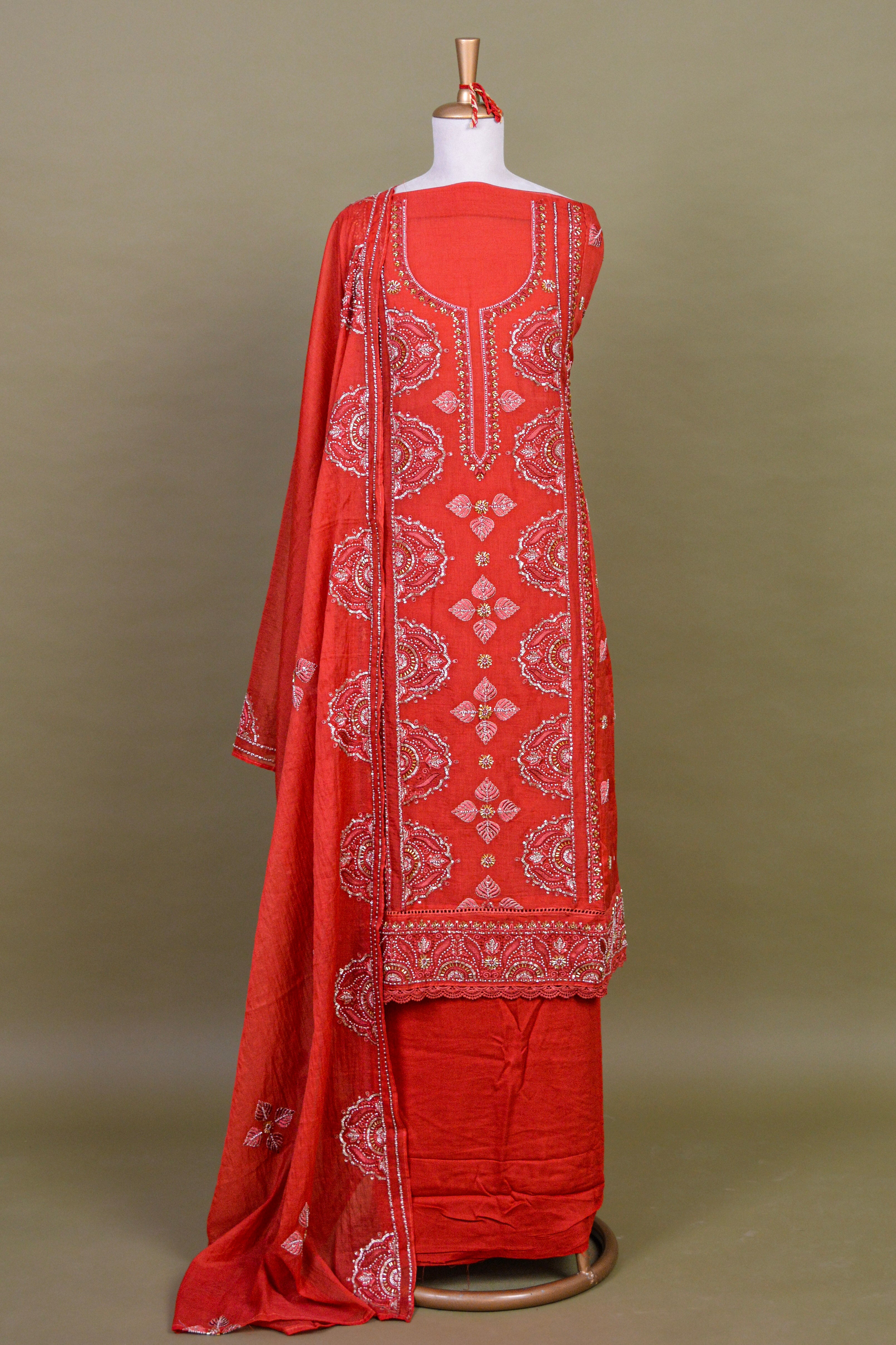 Coral Orange Chanderi Hand Embroidered Suit Set with Mul Mul Dupatta – Unstitched 3-Piece
