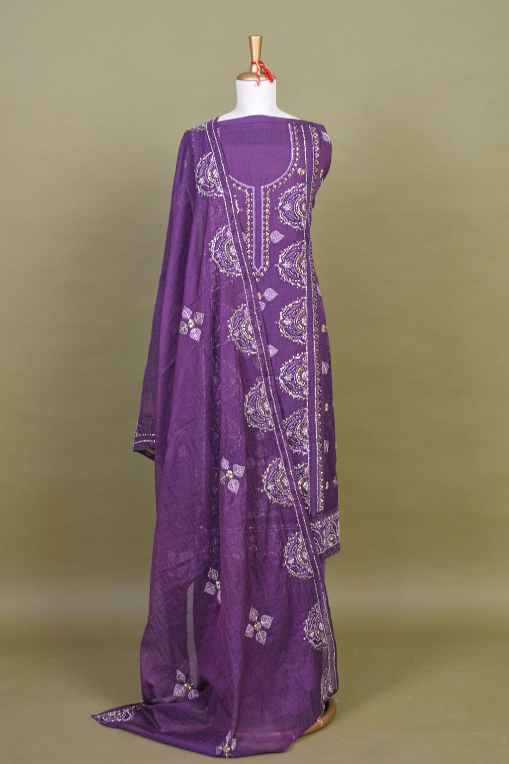 Amethyst Purple Chanderi Hand Embroidered Suit Set with Mul Mul Dupatta – Unstitched 3-Piece