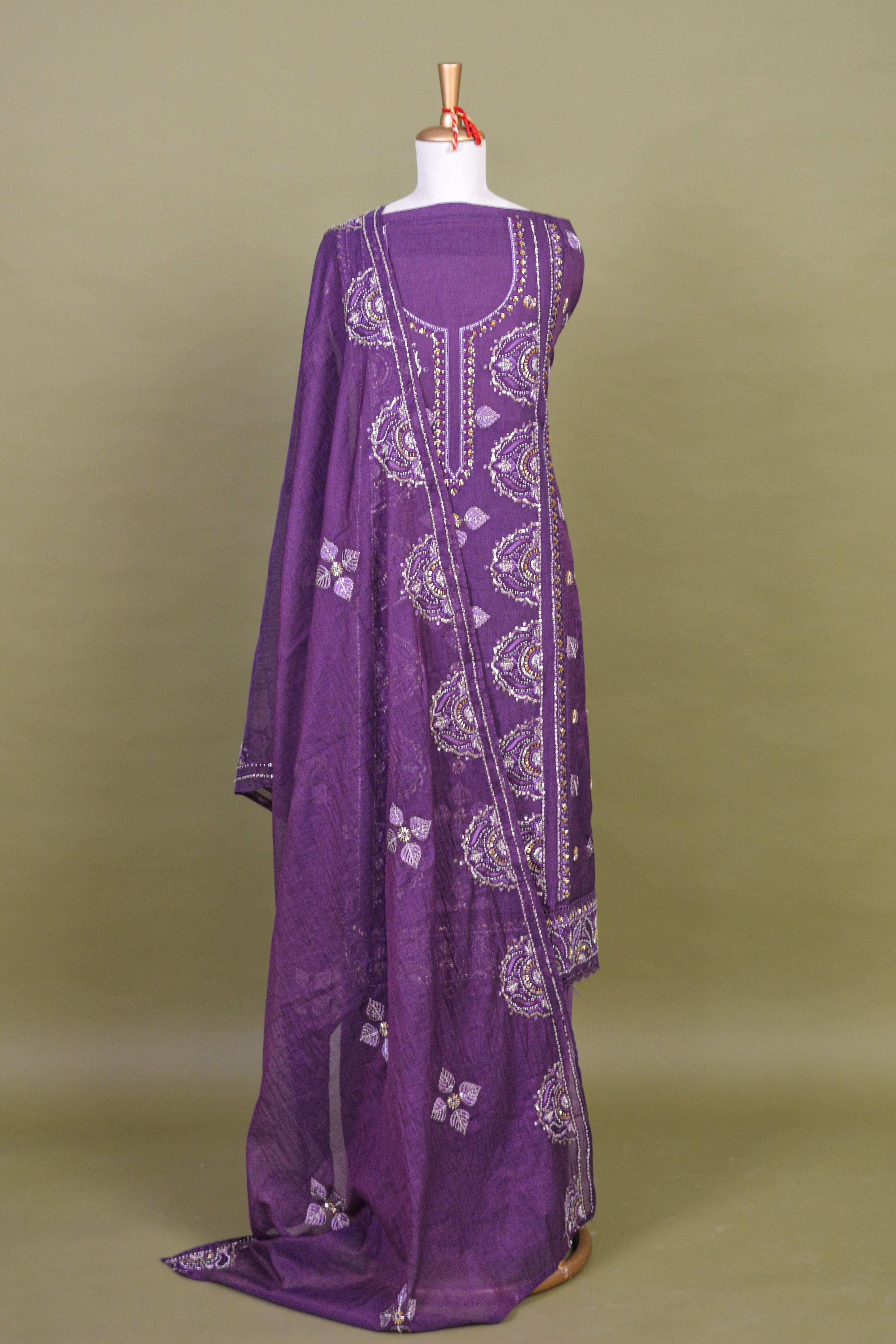 Amethyst Purple Chanderi Hand Embroidered Suit Set with Mul Mul Dupatta – Unstitched 3-Piece