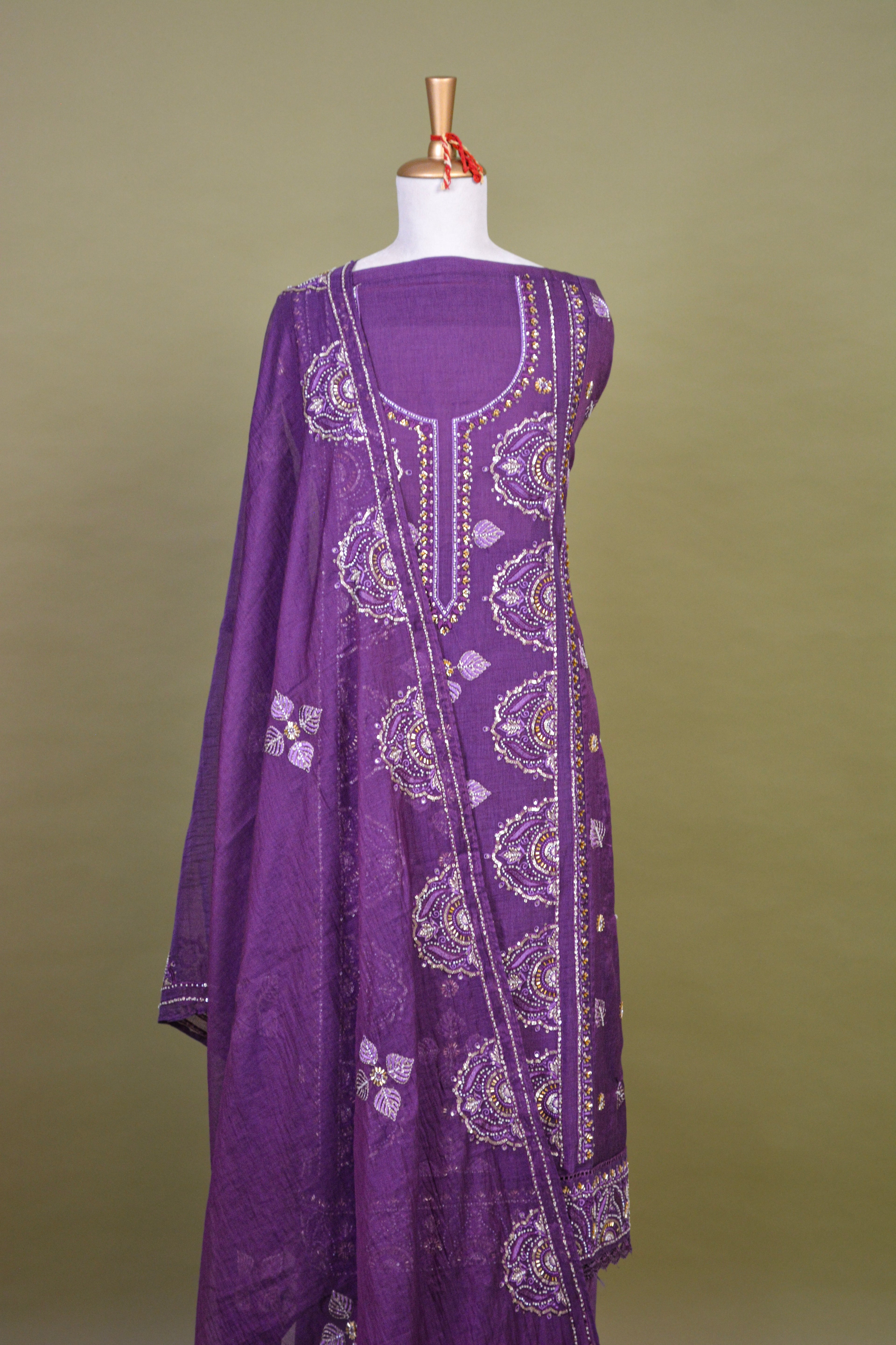 Amethyst Purple Chanderi Hand Embroidered Suit Set with Mul Mul Dupatta – Unstitched 3-Piece