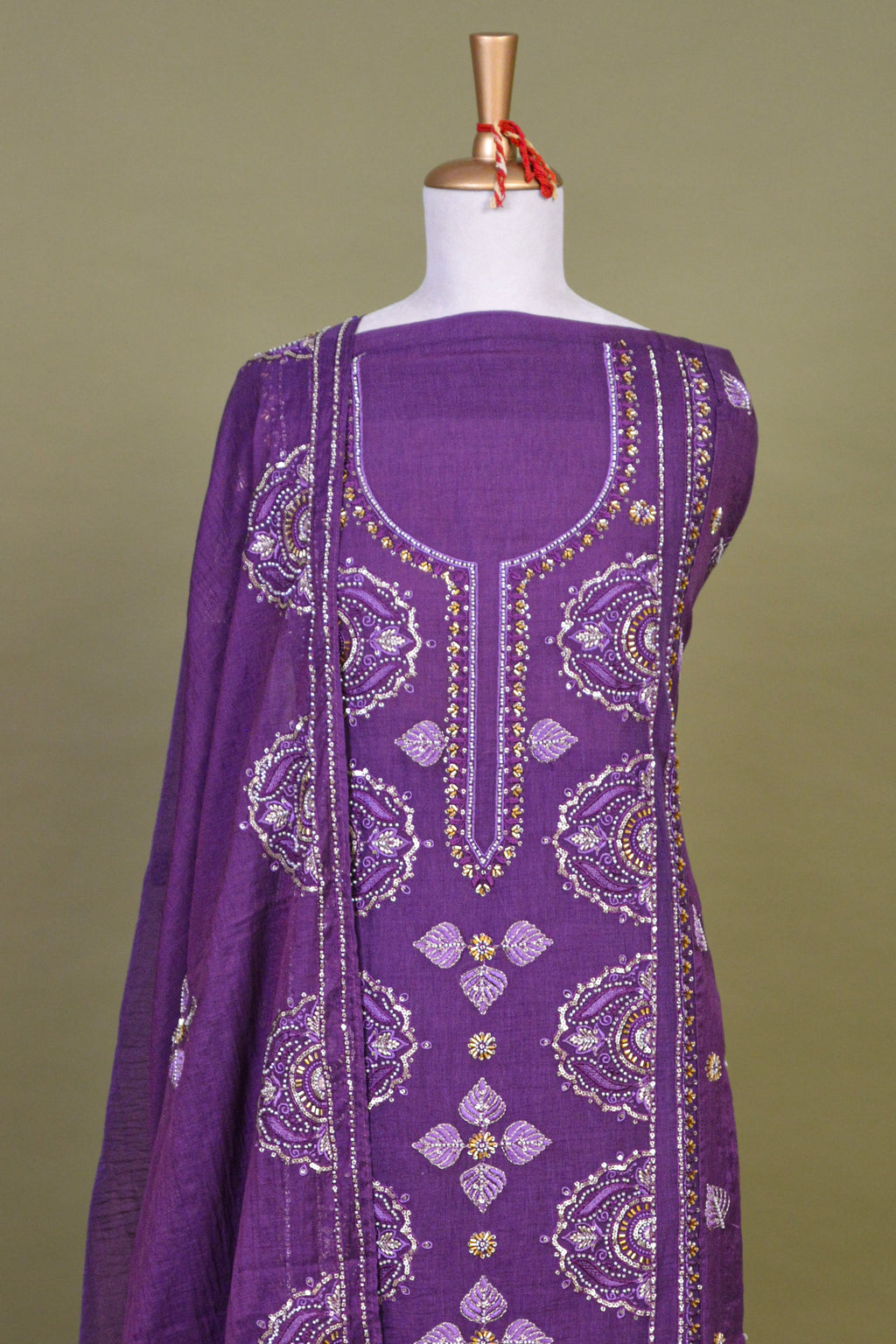 Amethyst Purple Chanderi Hand Embroidered Suit Set with Mul Mul Dupatta – Unstitched 3-Piece