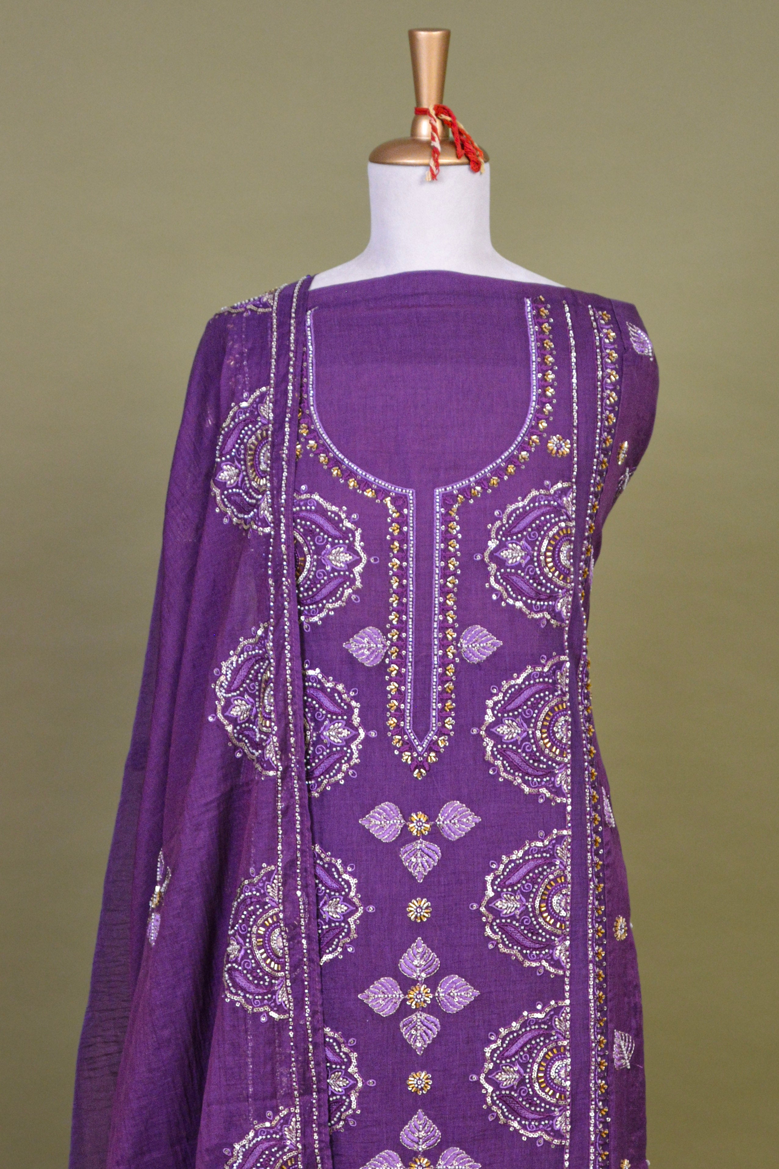 Amethyst Purple Chanderi Hand Embroidered Suit Set with Mul Mul Dupatta – Unstitched 3-Piece