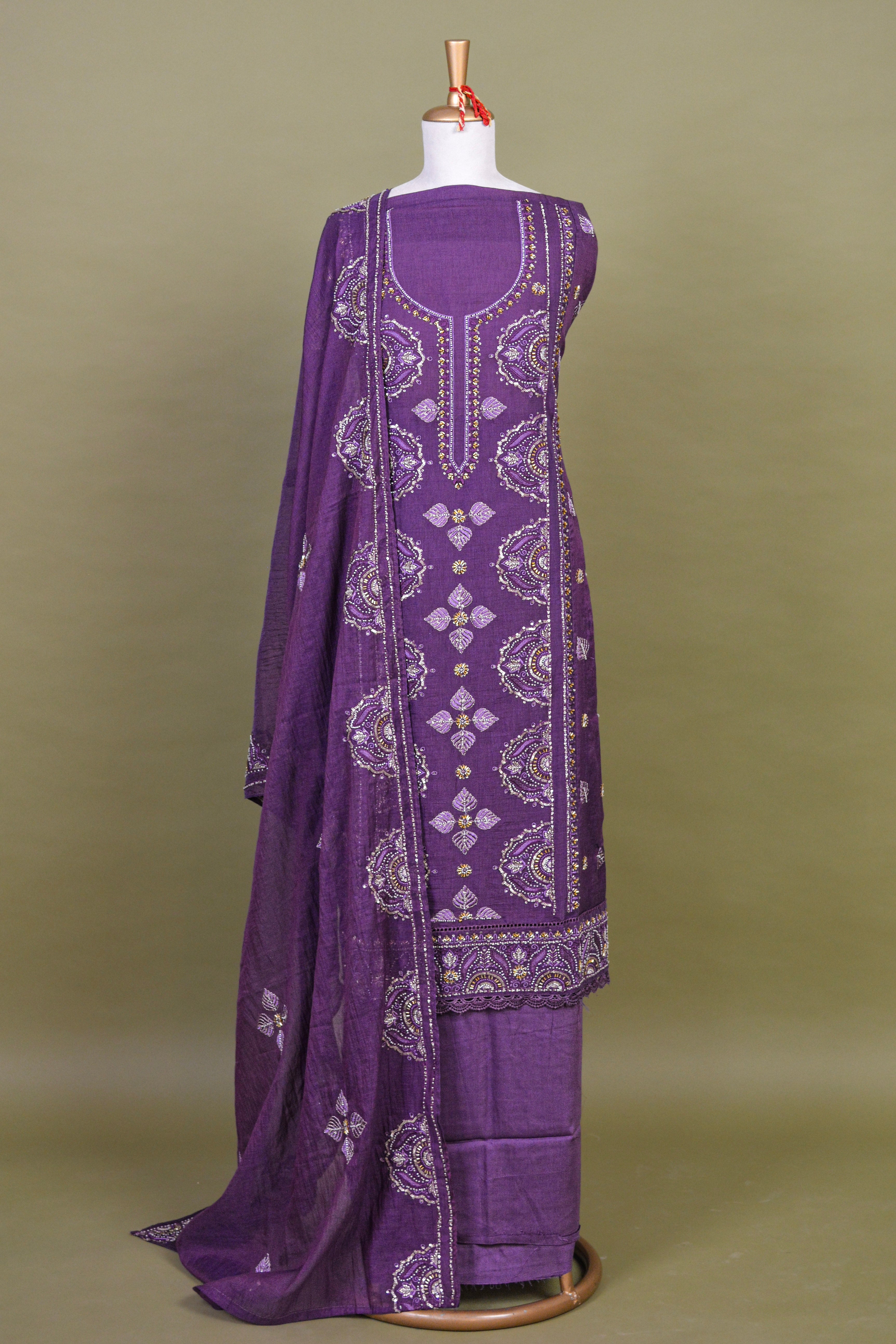 Amethyst Purple Chanderi Hand Embroidered Suit Set with Mul Mul Dupatta – Unstitched 3-Piece