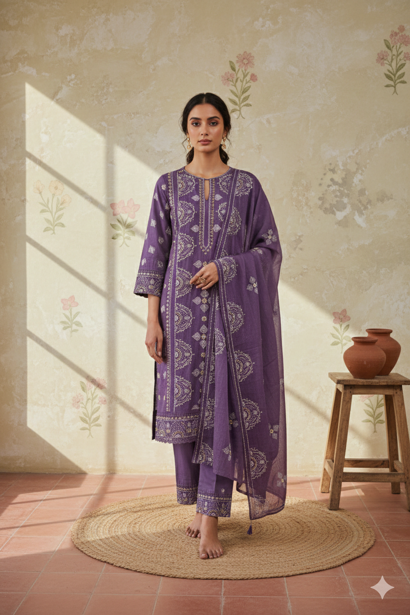 Amethyst Purple Chanderi Hand Embroidered Suit Set with Mul Mul Dupatta – Unstitched 3-Piece