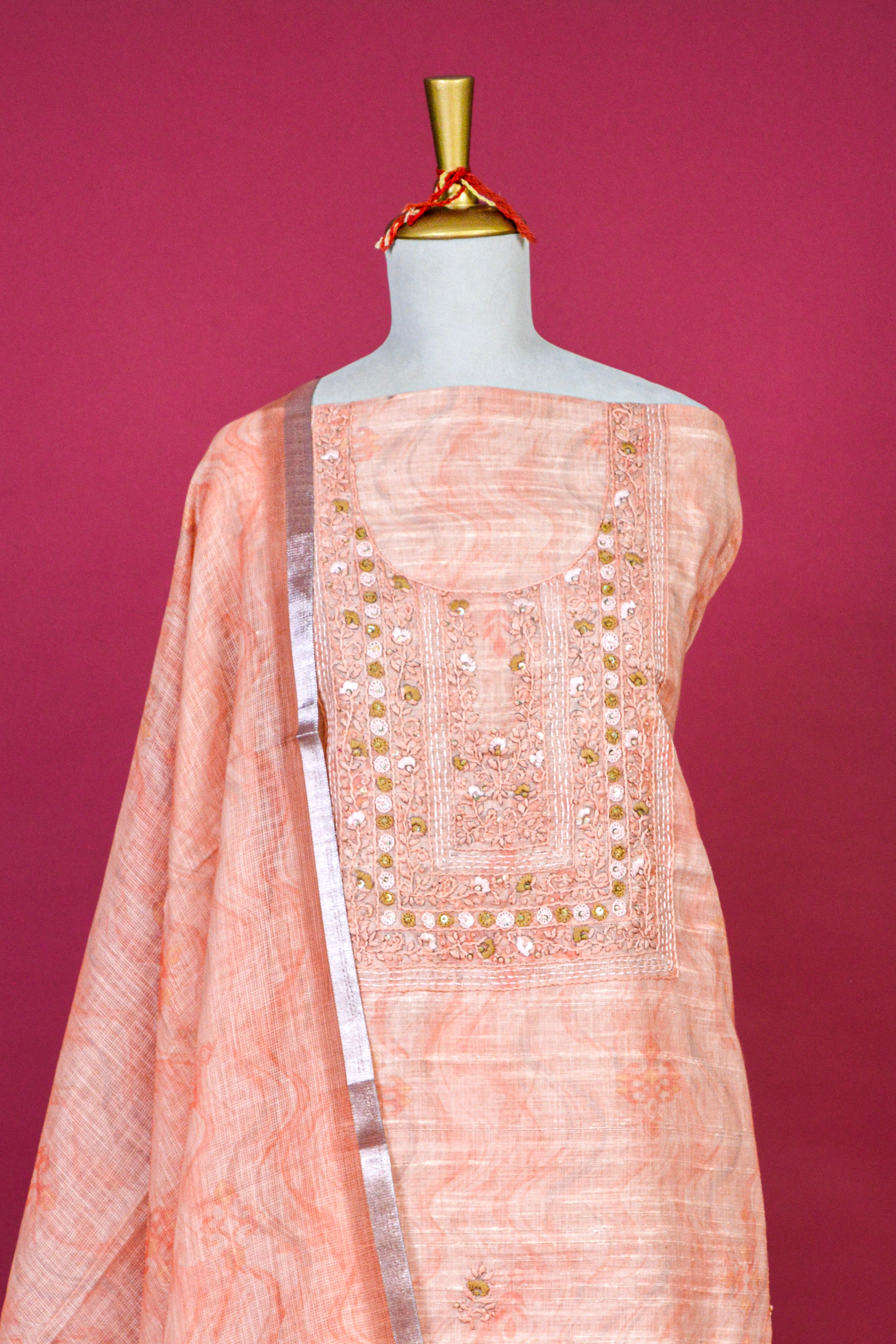 Soft Pink Jamdani Linen French Knot Embroidered Kurta Dupatta Set – 3 piece