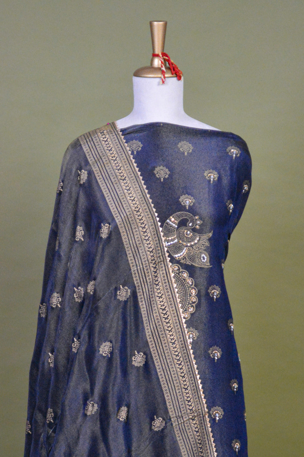 Midnight Blue Shimmer Tissue Suit Set with Hand Embroidery & Block Print – Unstitched 3-Piece