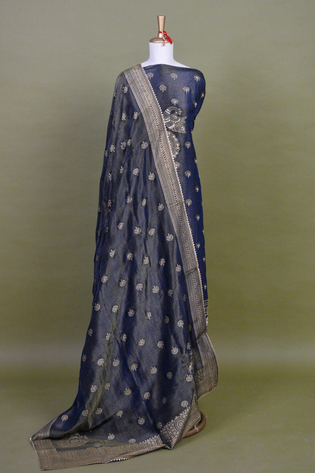 Midnight Blue Shimmer Tissue Suit Set with Hand Embroidery & Block Print – Unstitched 3-Piece