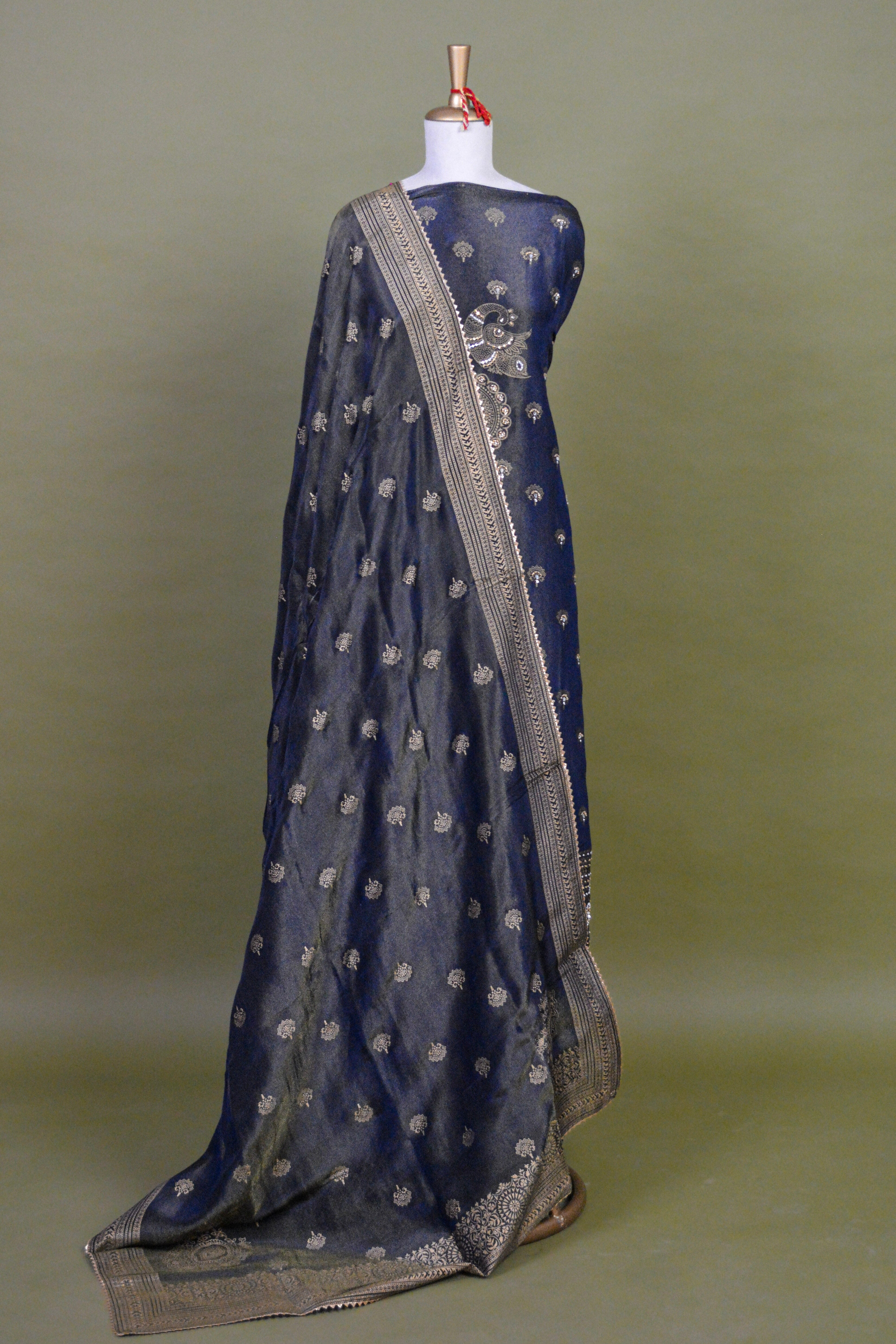 Midnight Blue Shimmer Tissue Suit Set with Hand Embroidery & Block Print – Unstitched 3-Piece