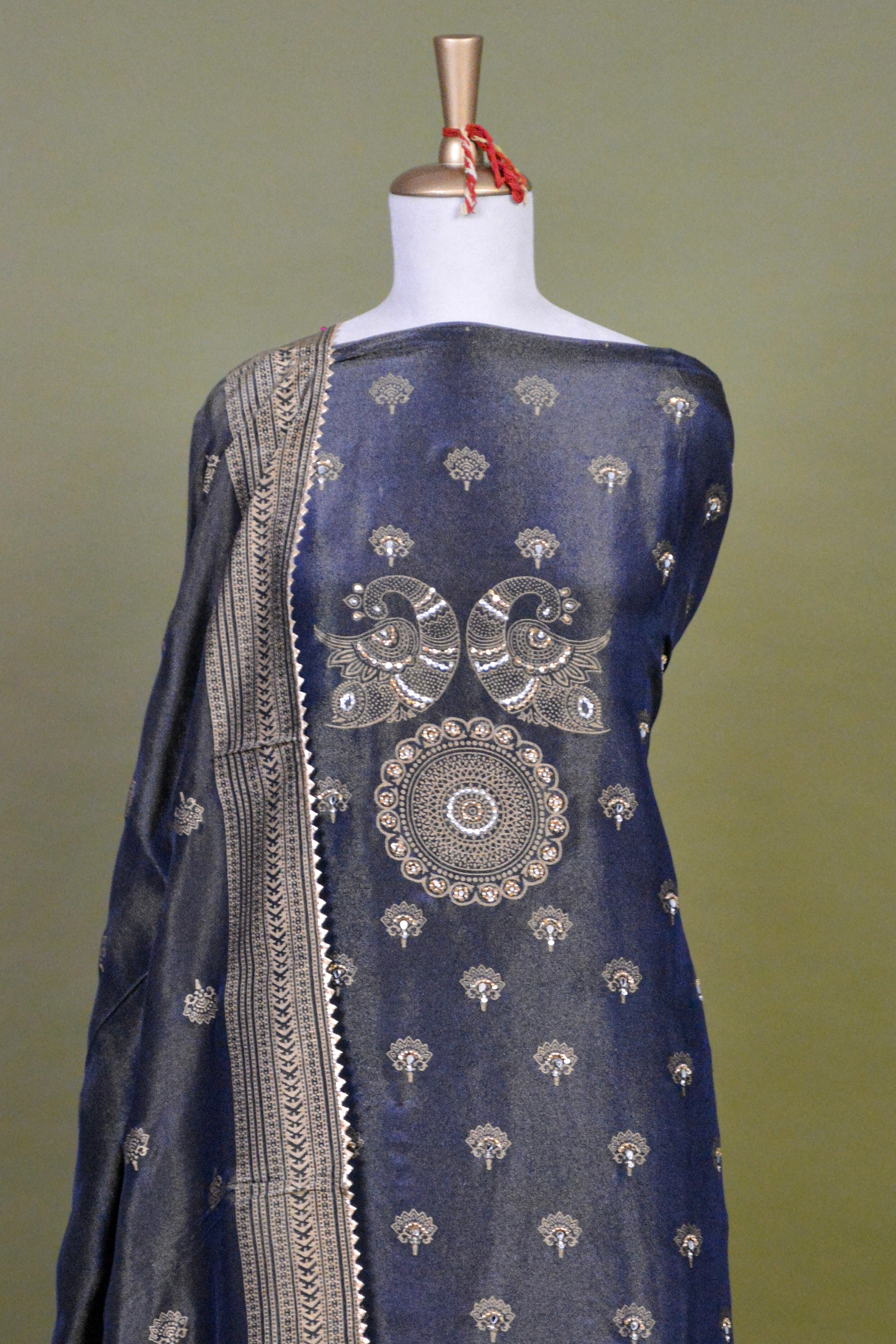 Midnight Blue Shimmer Tissue Suit Set with Hand Embroidery & Block Print – Unstitched 3-Piece