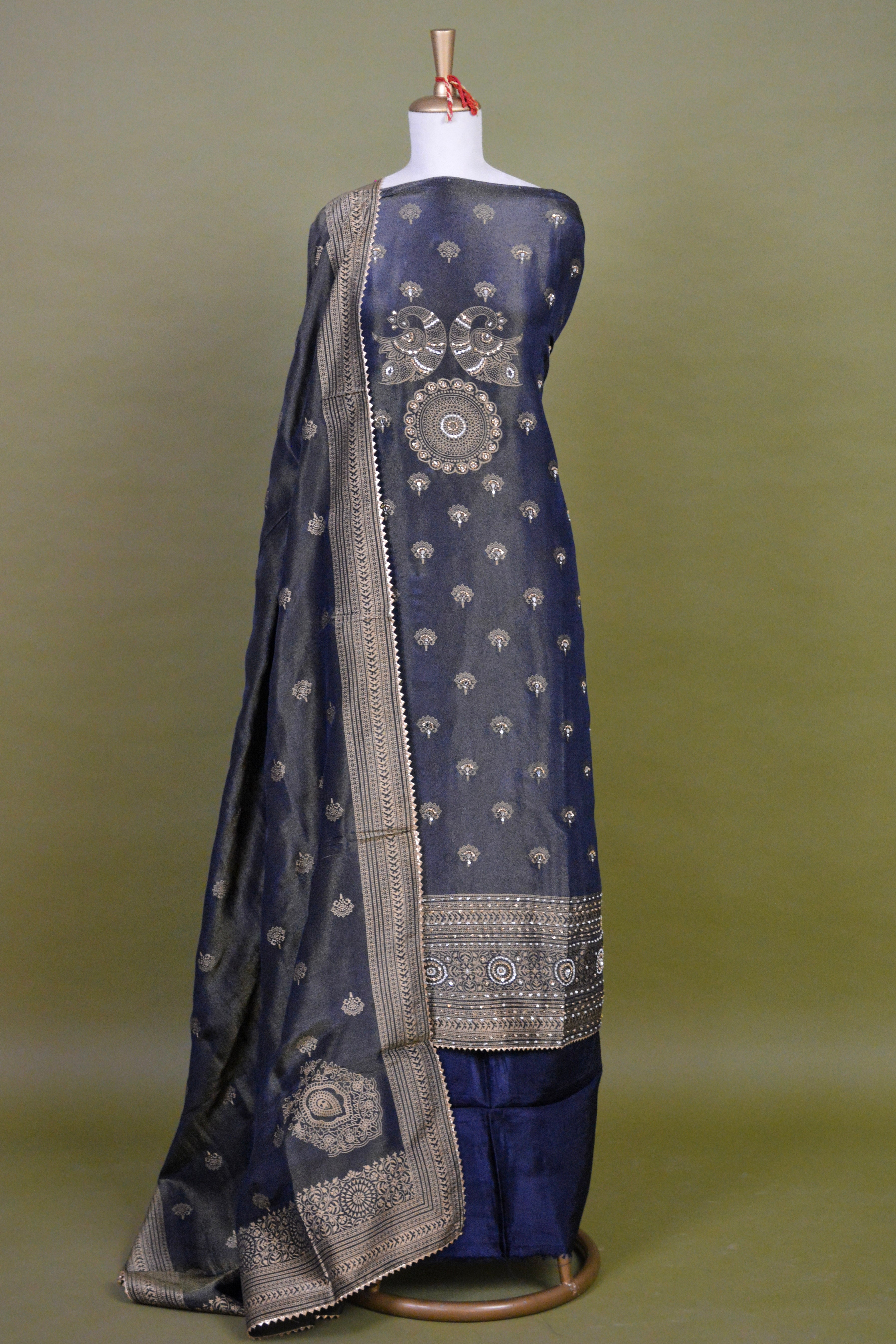 Midnight Blue Shimmer Tissue Suit Set with Hand Embroidery & Block Print – Unstitched 3-Piece