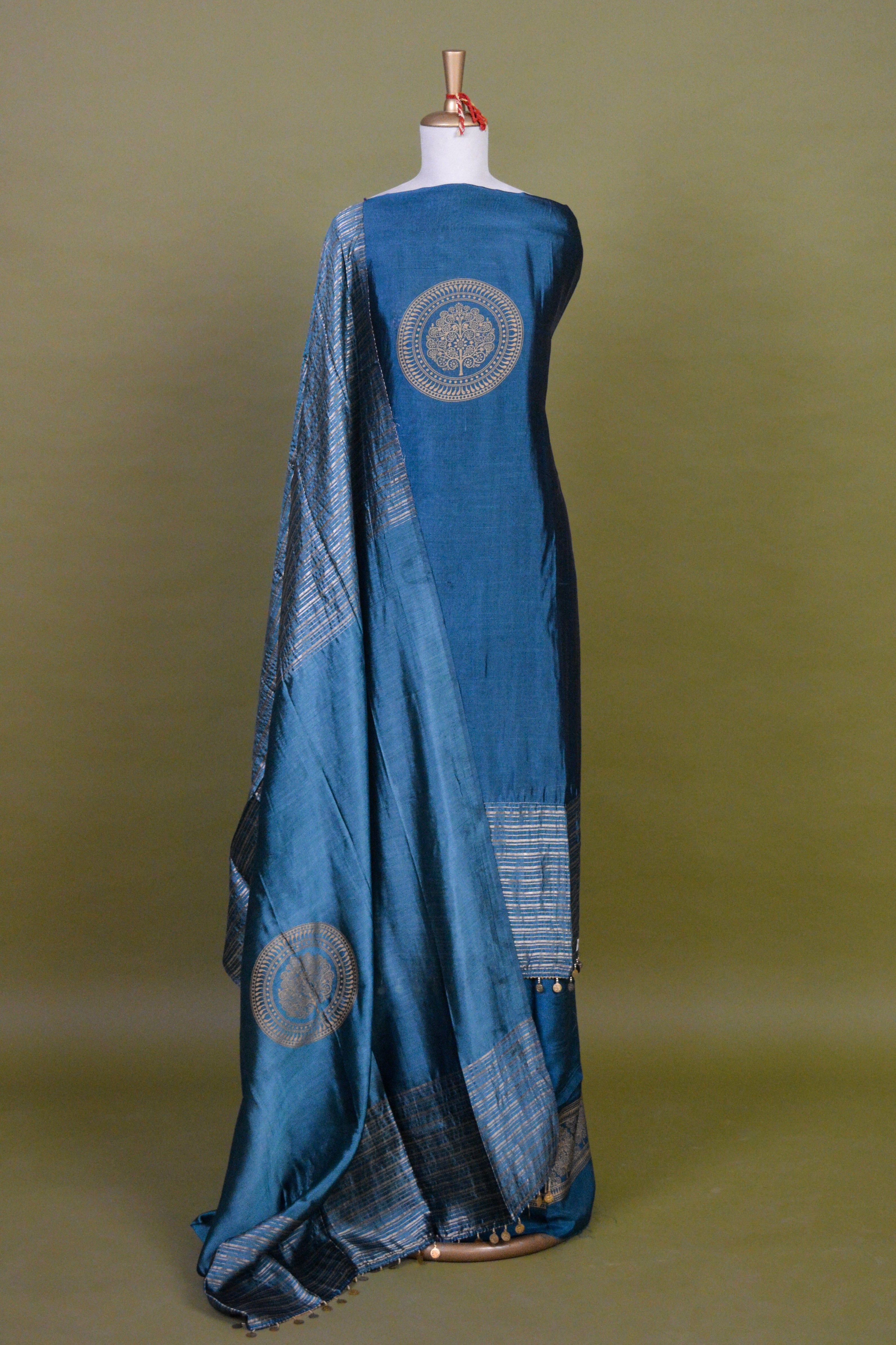 Teal Banana Silk Suit Set with Handloom Zari Weave & Block Print – Unstitched 3-Piece