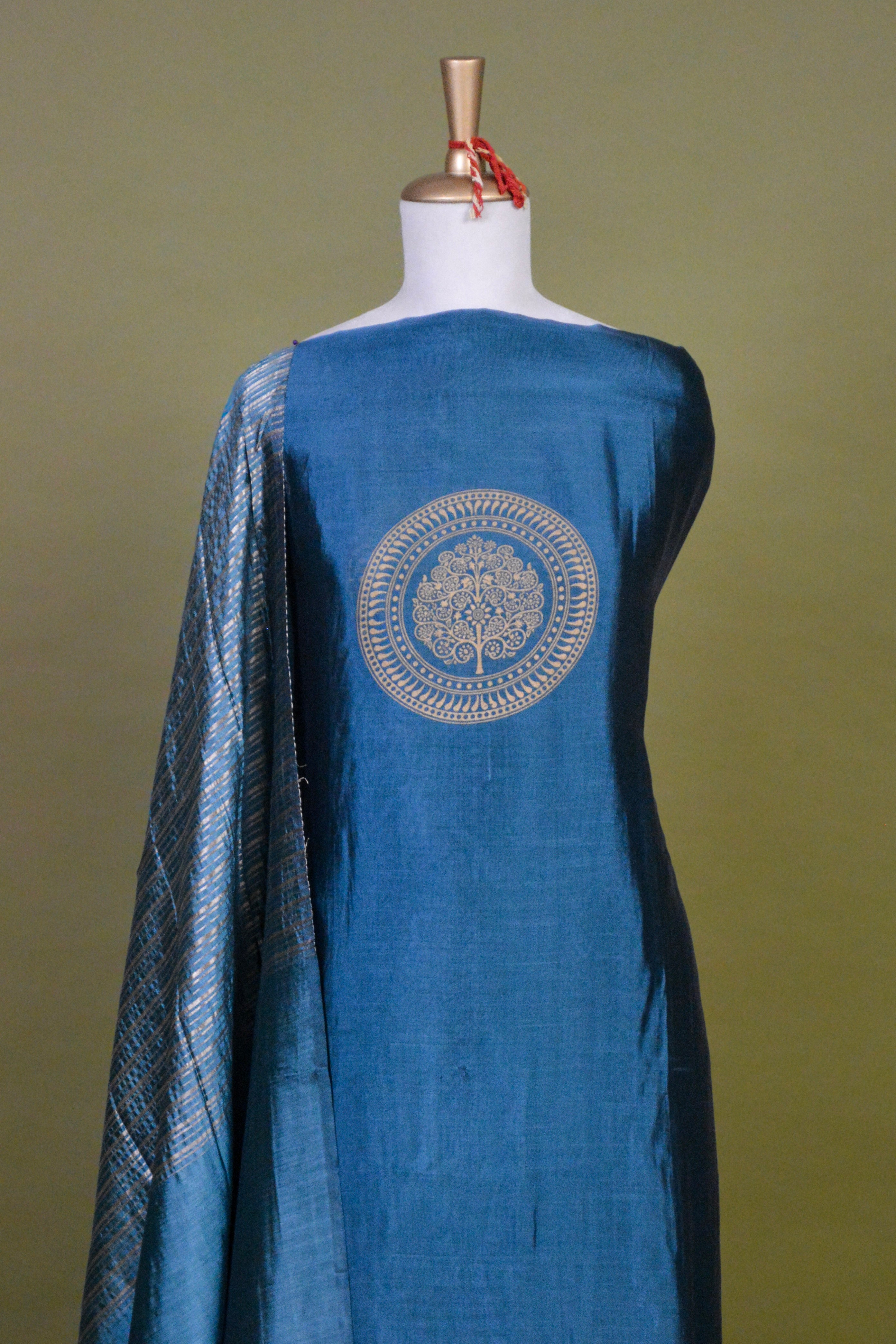 Teal Banana Silk Suit Set with Handloom Zari Weave & Block Print – Unstitched 3-Piece