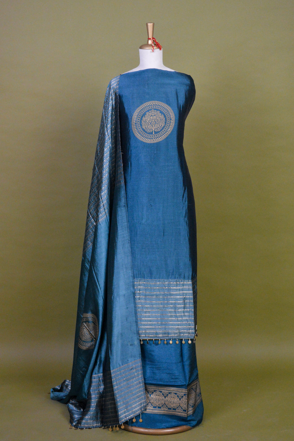 Teal Banana Silk Suit Set with Handloom Zari Weave & Block Print – Unstitched 3-Piece