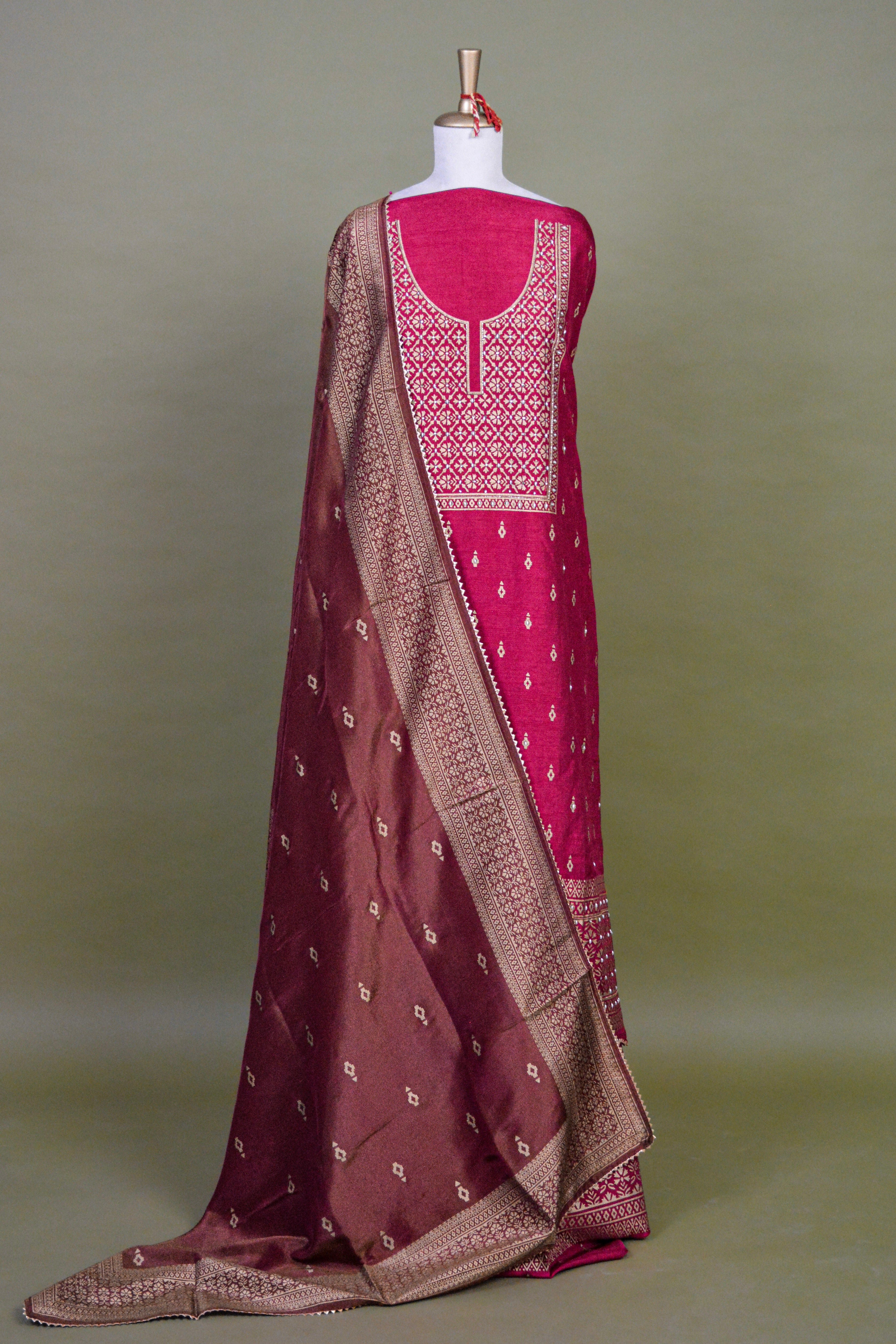 Deep Rose Pink Hand Block Printed Raw Silk Suit Set with Hand Embroidery – Unstitched 3-Piece