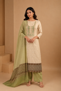 Ivory & Green Jamdani Unstitched Suit Set in Linen with French Knots Embroidery & Digital Print Dupatta