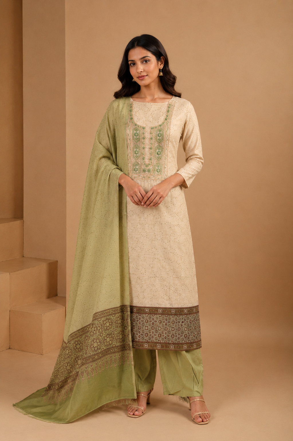Ivory & Green Jamdani Unstitched Suit Set in Linen with French Knots Embroidery & Digital Print Dupatta