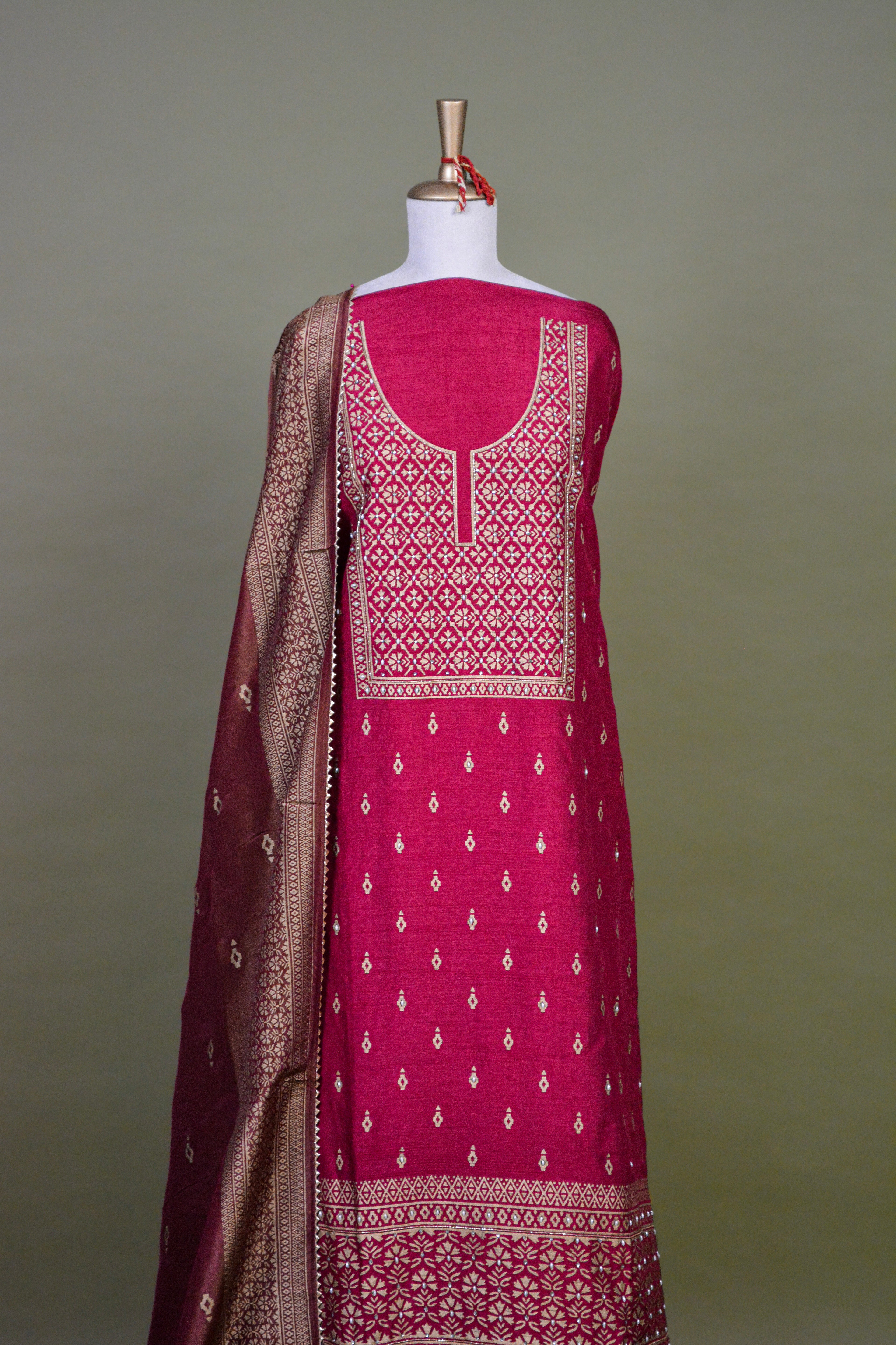 Deep Rose Pink Hand Block Printed Raw Silk Suit Set with Hand Embroidery – Unstitched 3-Piece