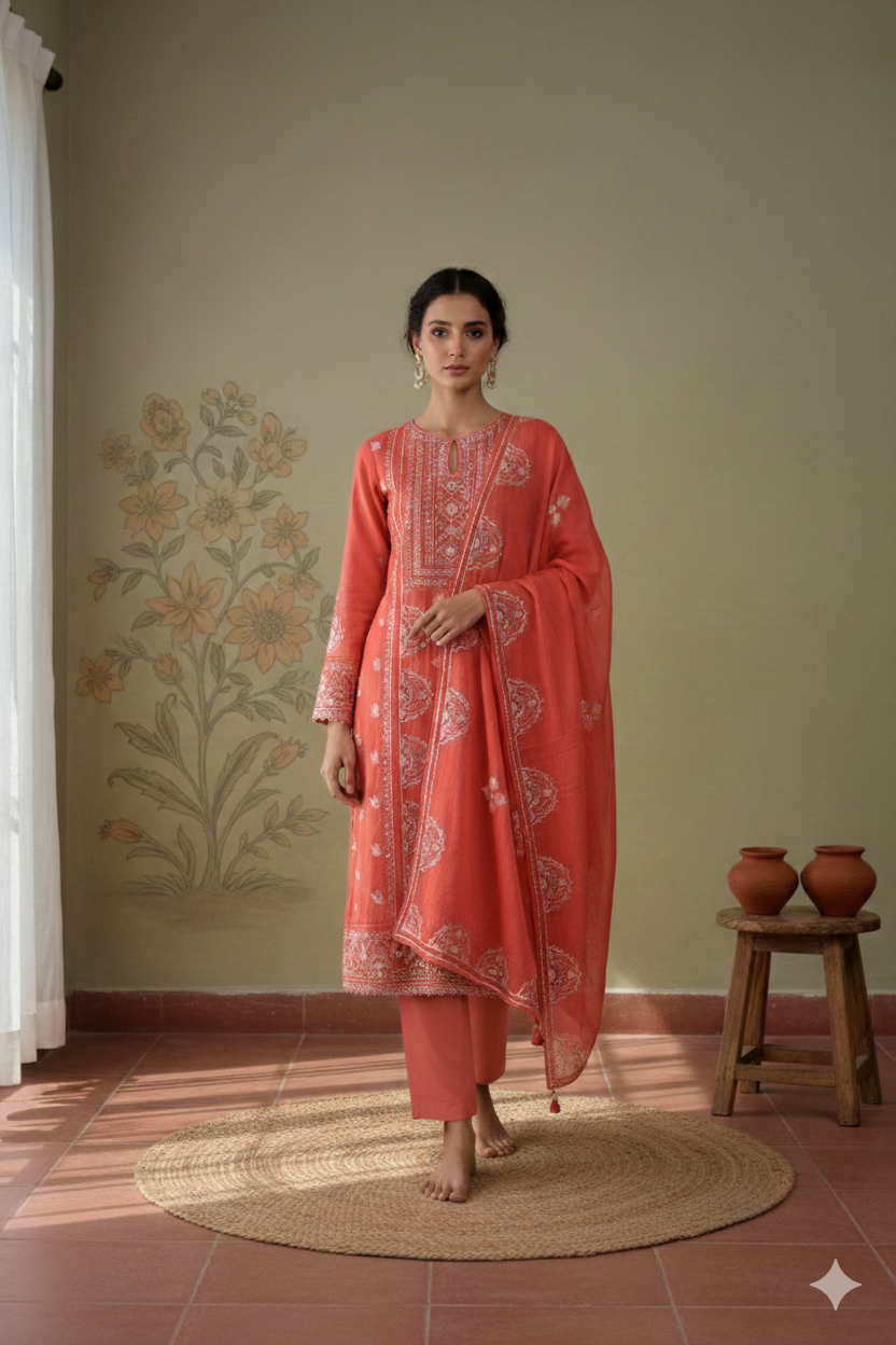 Coral Orange Chanderi Hand Embroidered Suit Set with Mul Mul Dupatta – Unstitched 3-Piece