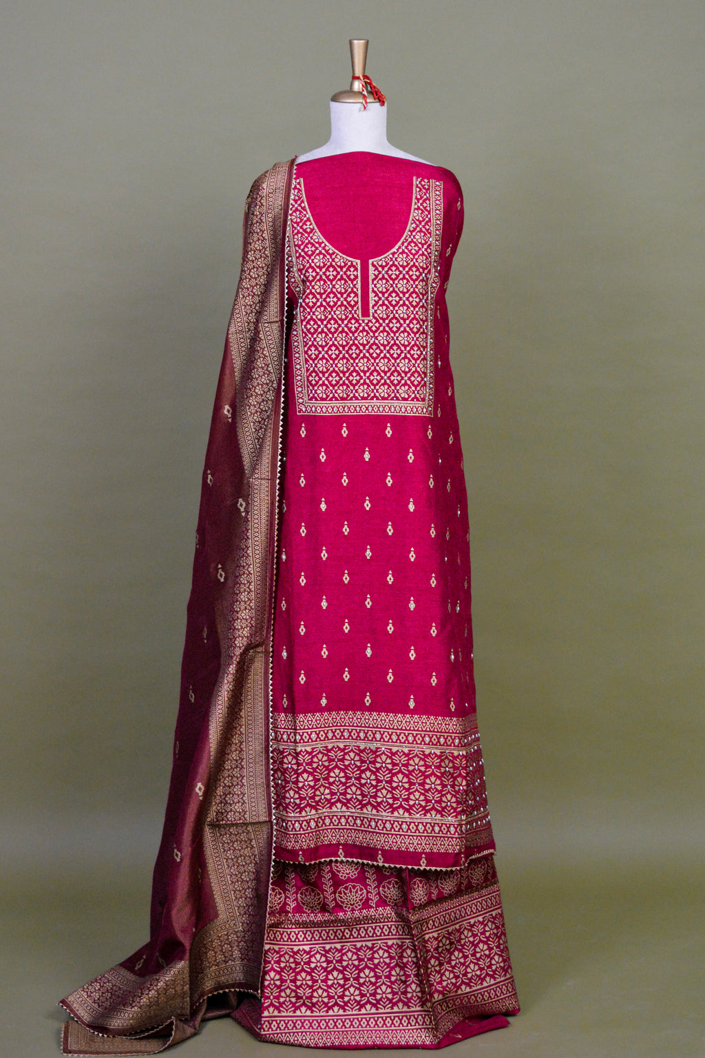 Deep Rose Pink Hand Block Printed Raw Silk Suit Set with Hand Embroidery – Unstitched 3-Piece