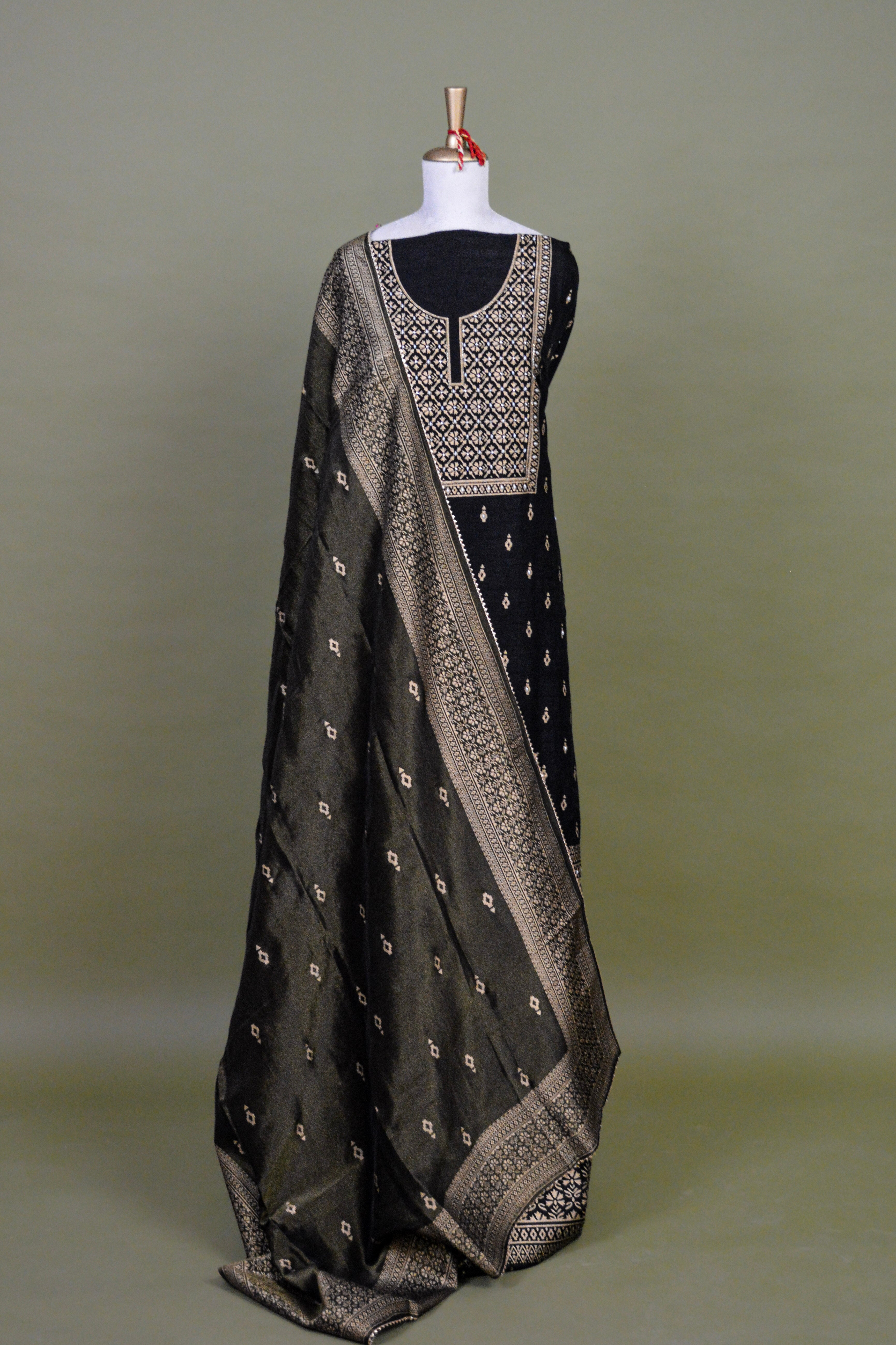 Black Hand Block Printed Raw Silk Suit Set with Hand Embroidery – Unstitched 3-Piece