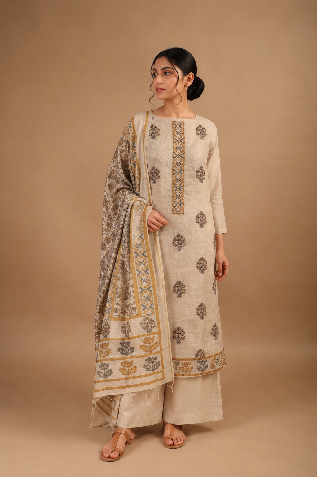 Hand Block Printed Chanderi Suit with French Knots & Kantha Work