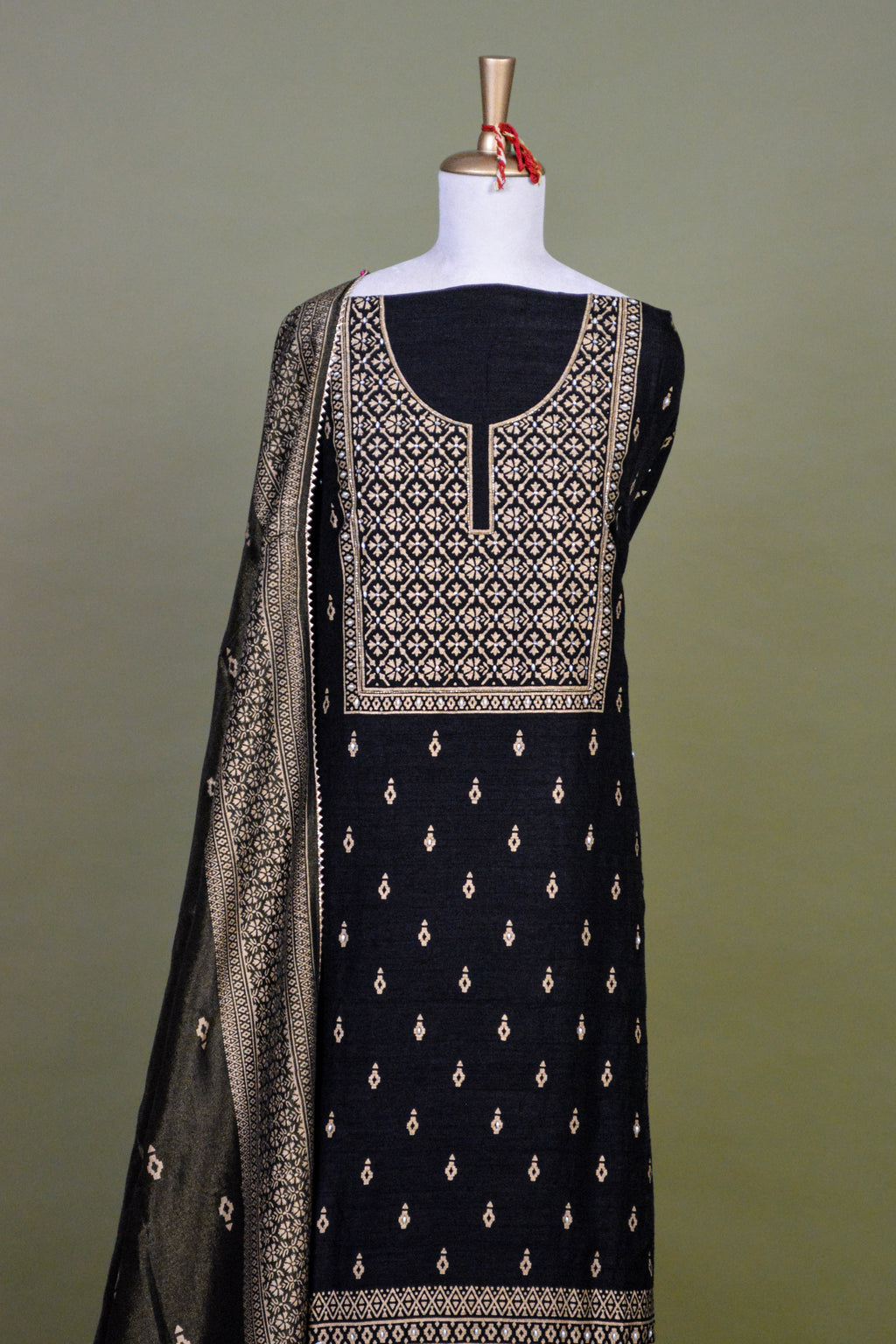 Black Hand Block Printed Raw Silk Suit Set with Hand Embroidery – Unstitched 3-Piece