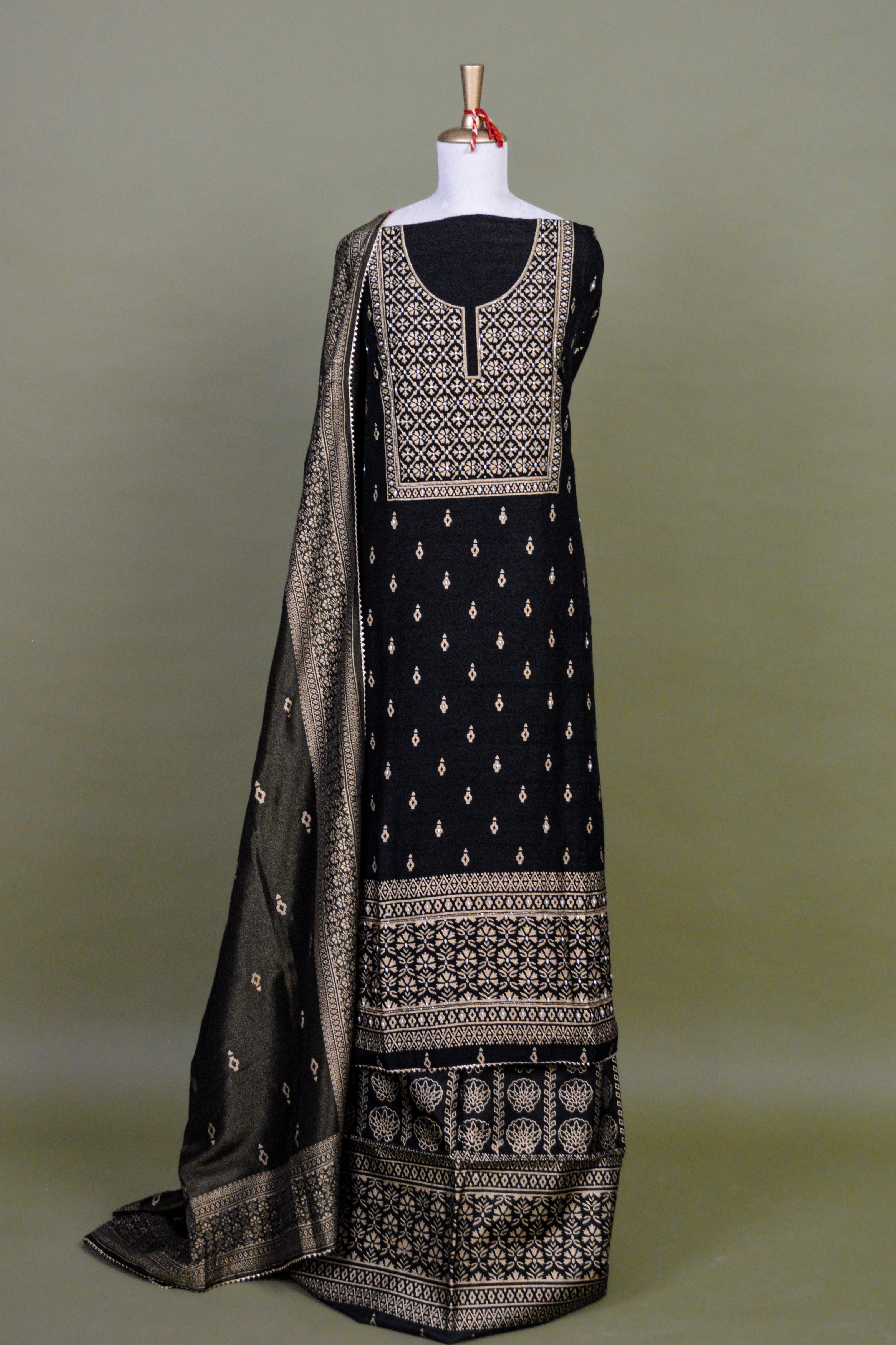 Black Hand Block Printed Raw Silk Suit Set with Hand Embroidery – Unstitched 3-Piece