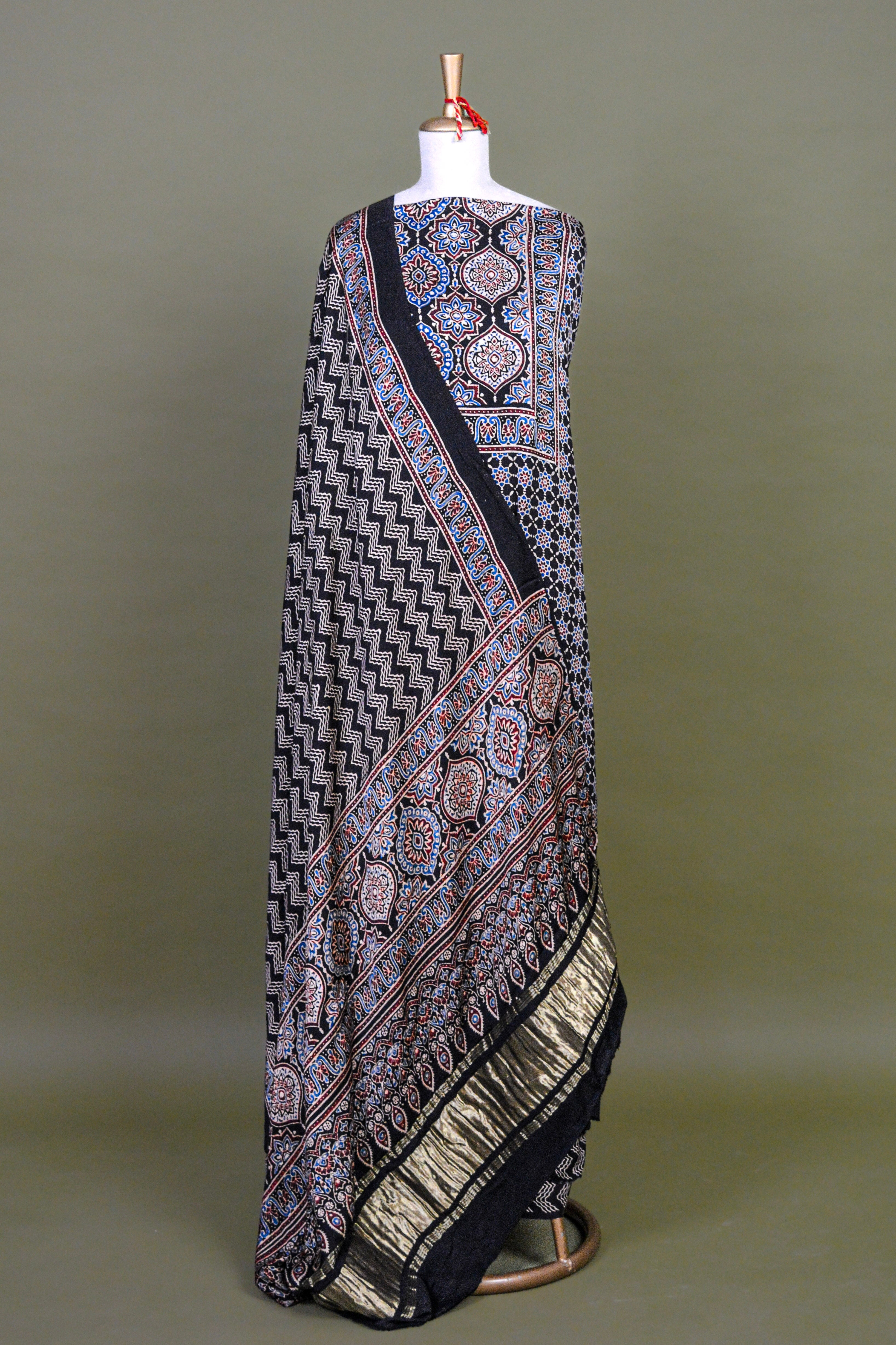 Charcoal Ajrakh Hand Block Printed Modal Silk Suit Set – Unstitched 3-Piece