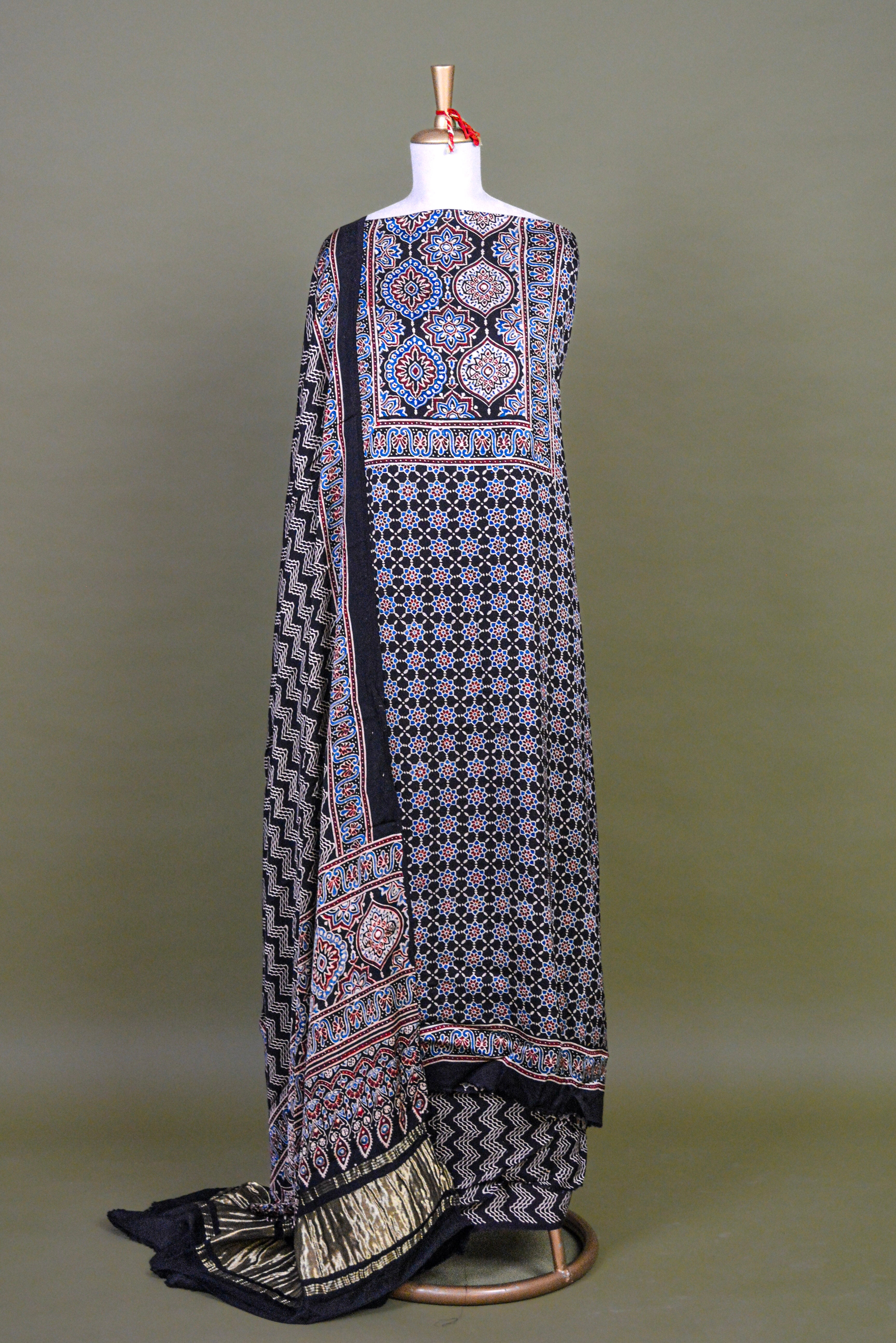 Charcoal Ajrakh Hand Block Printed Modal Silk Suit Set – Unstitched 3-Piece