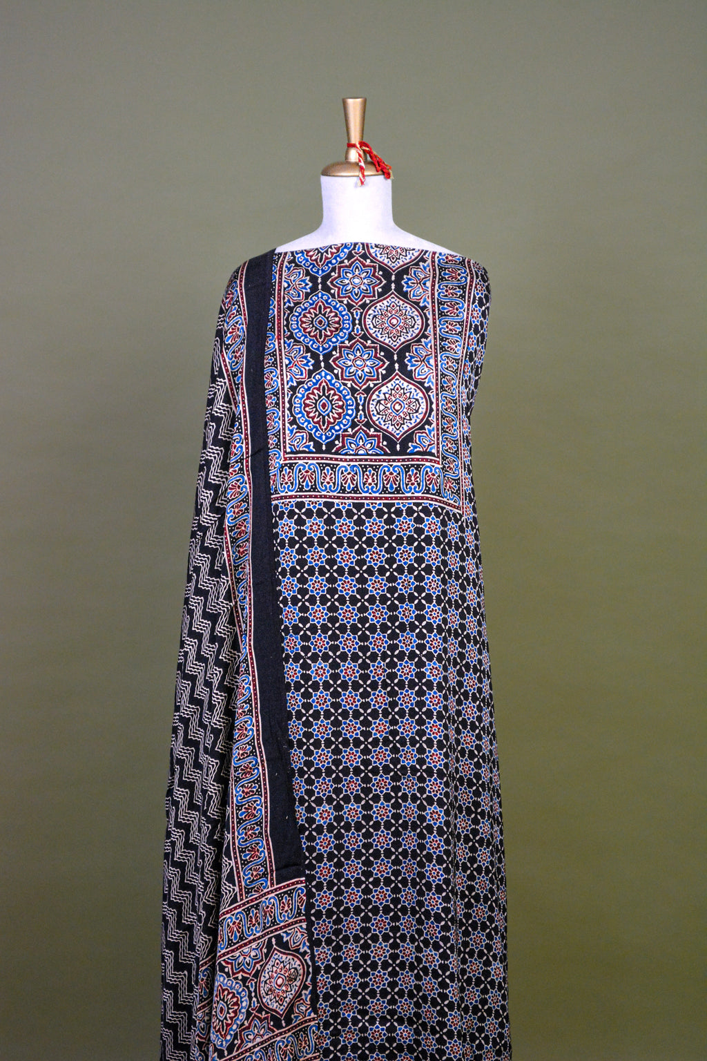 Charcoal Ajrakh Hand Block Printed Modal Silk Suit Set – Unstitched 3-Piece