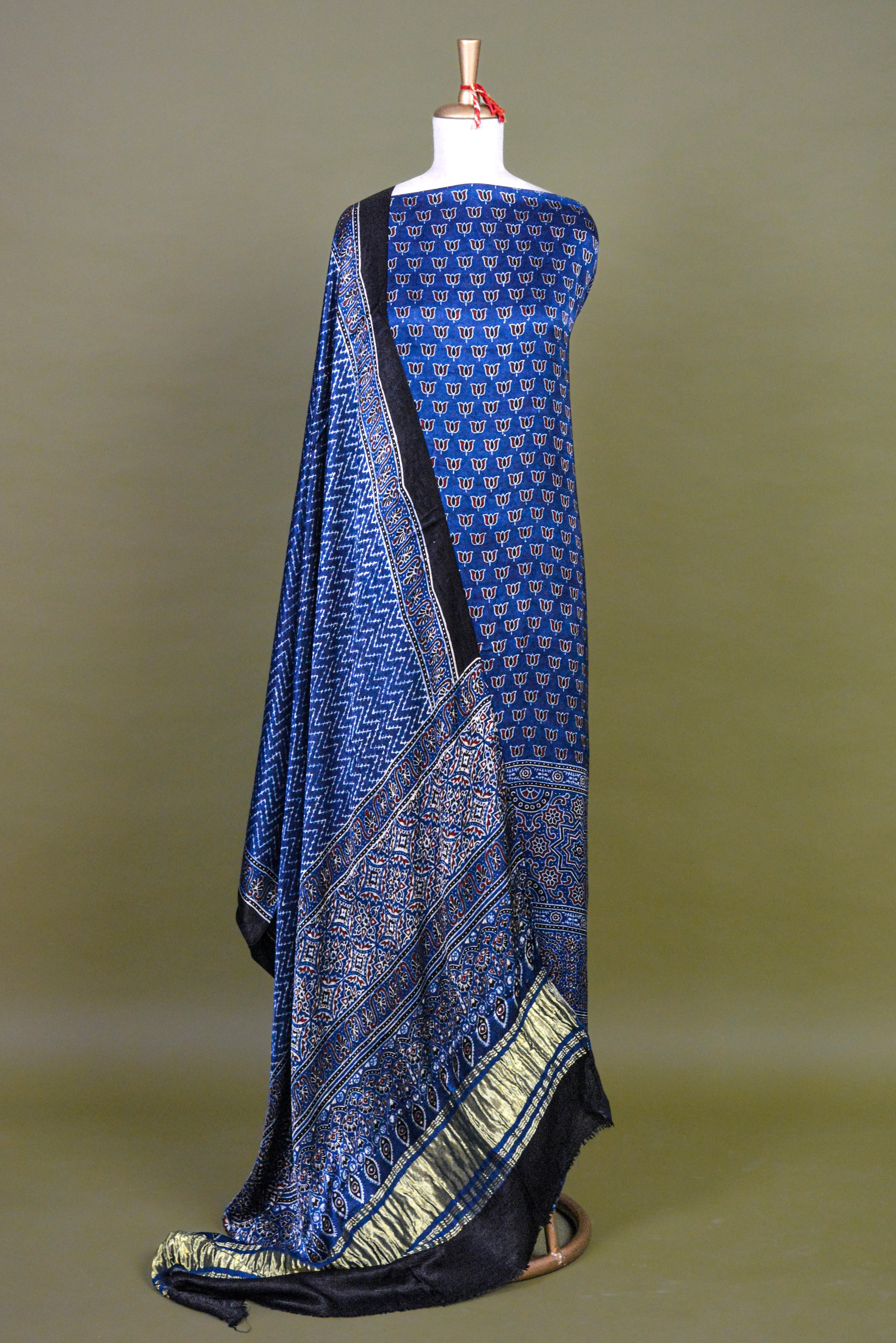 Indigo Blue Ajrakh Hand Block Printed Modal Silk Suit Set – Unstitched 3-Piece