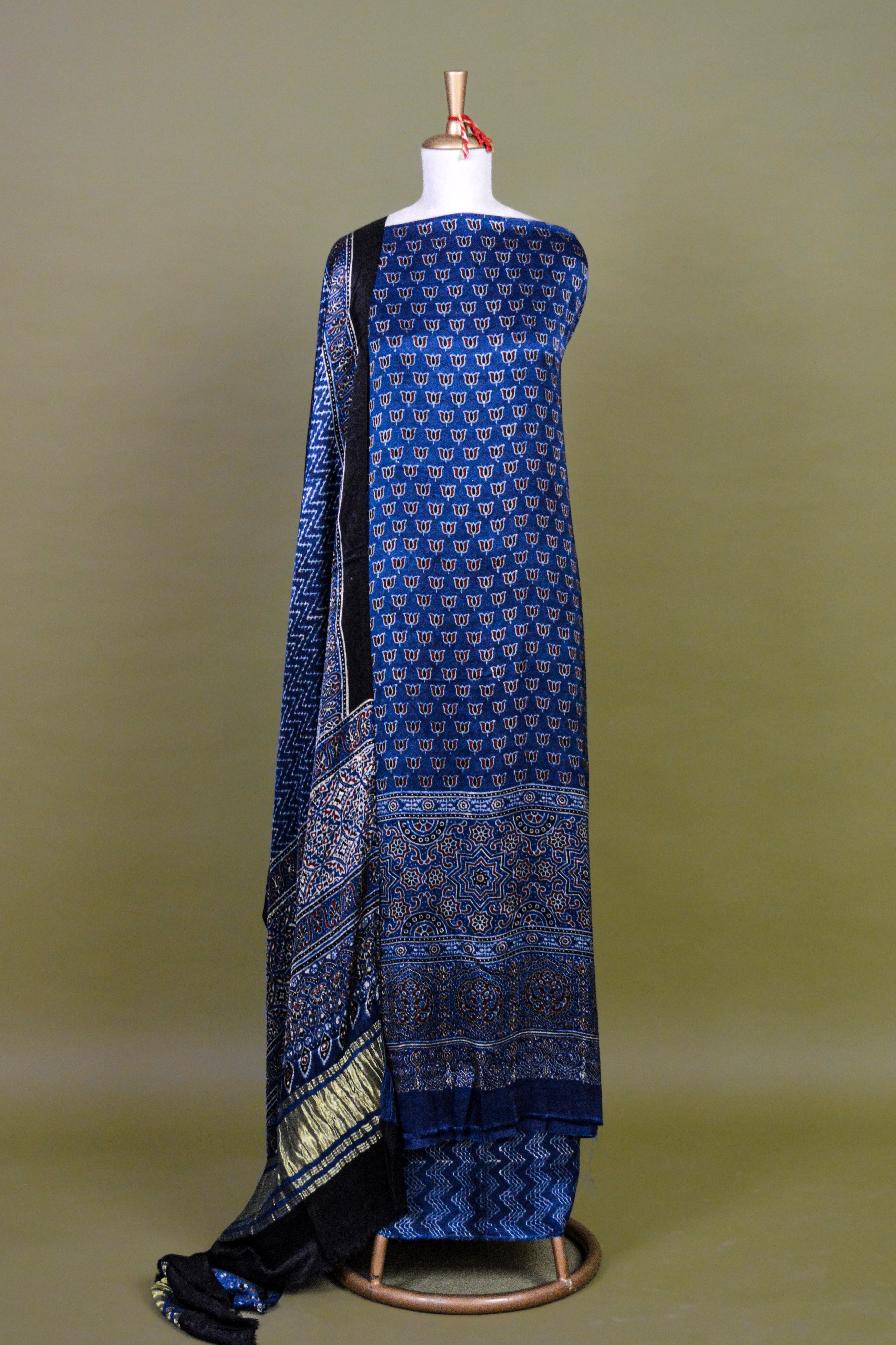Indigo Blue Ajrakh Hand Block Printed Modal Silk Suit Set – Unstitched 3-Piece