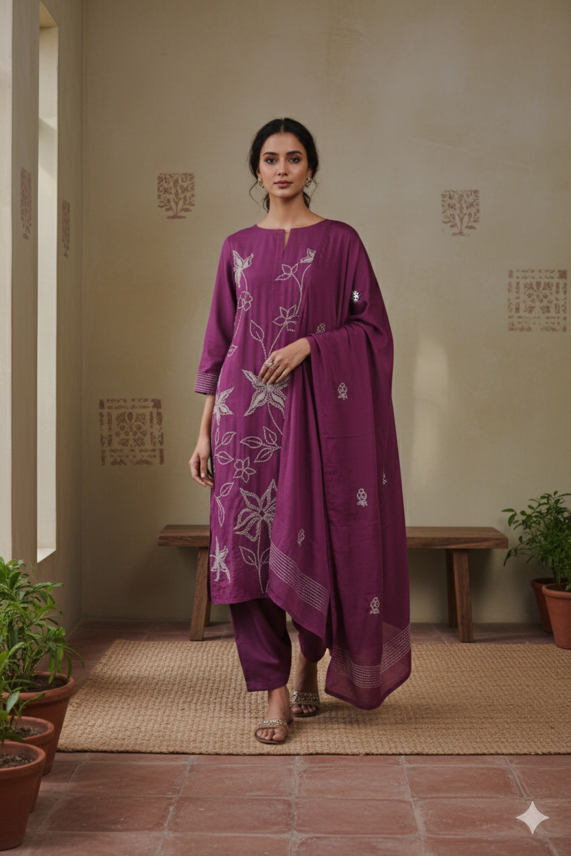 Plum Purple Crepe Suit Set with French Knot Embroidery – Unstitched 3-Piece